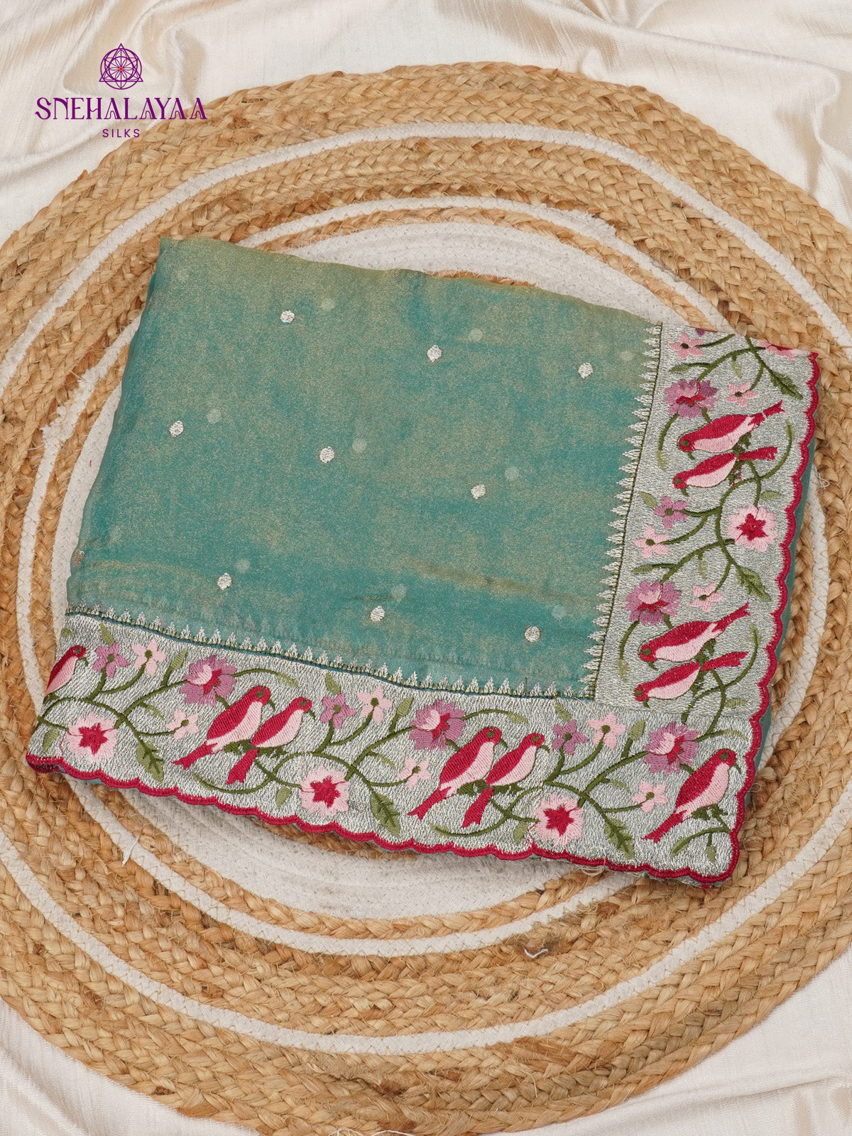 Teal Green Embroidery Designer Saree