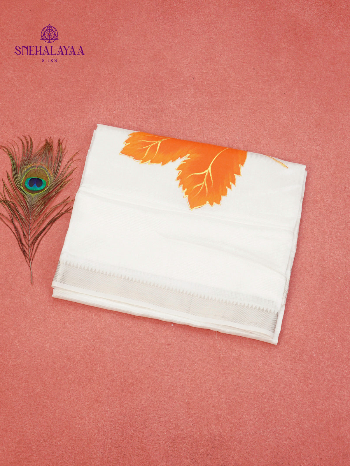 Off White Mangalagiri Silk Cotton Saree with Hand Painted Orange Leaf Motifs