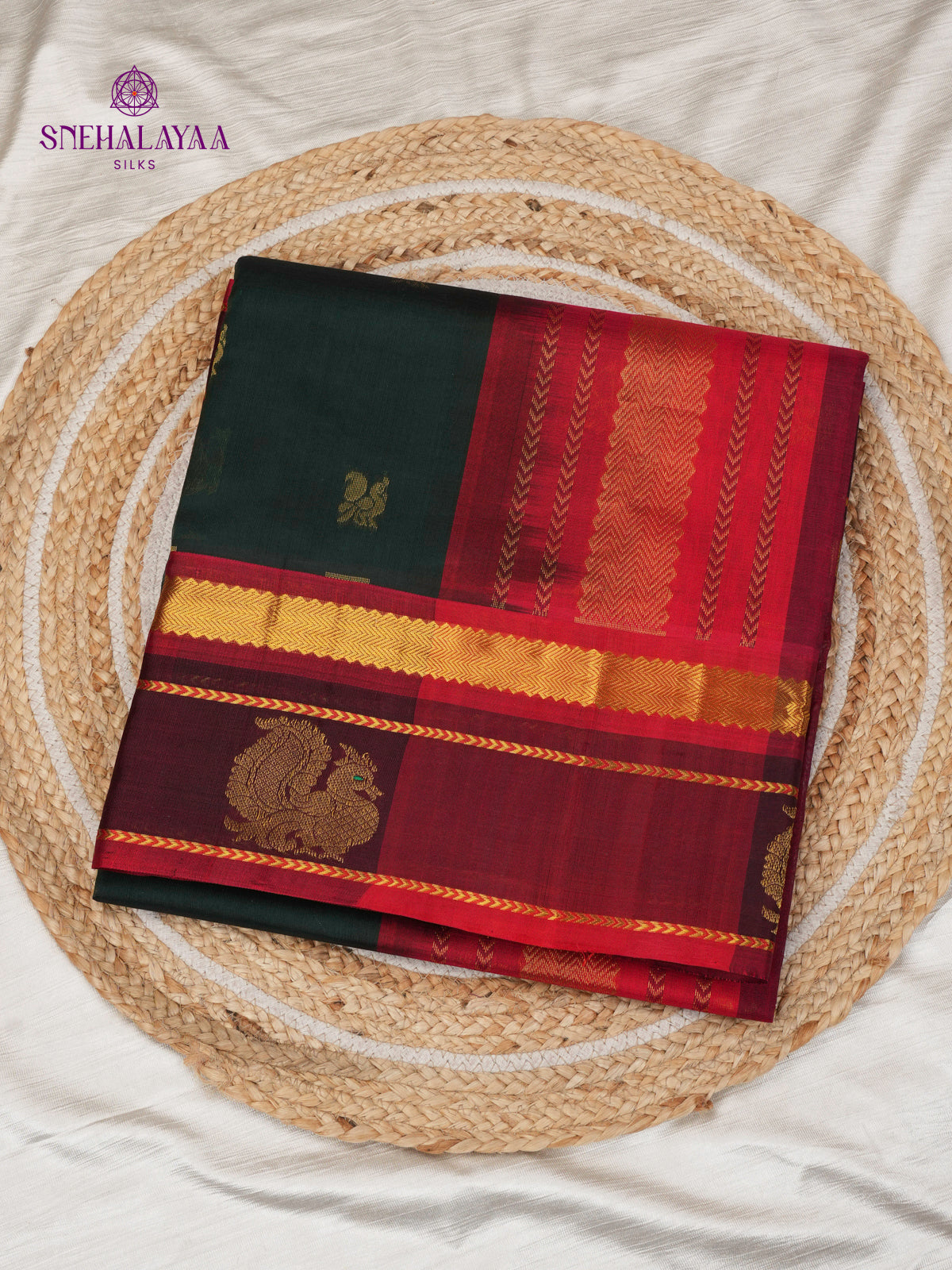 Dark Green Kuppadam Silk Cotton Saree with Zari Border