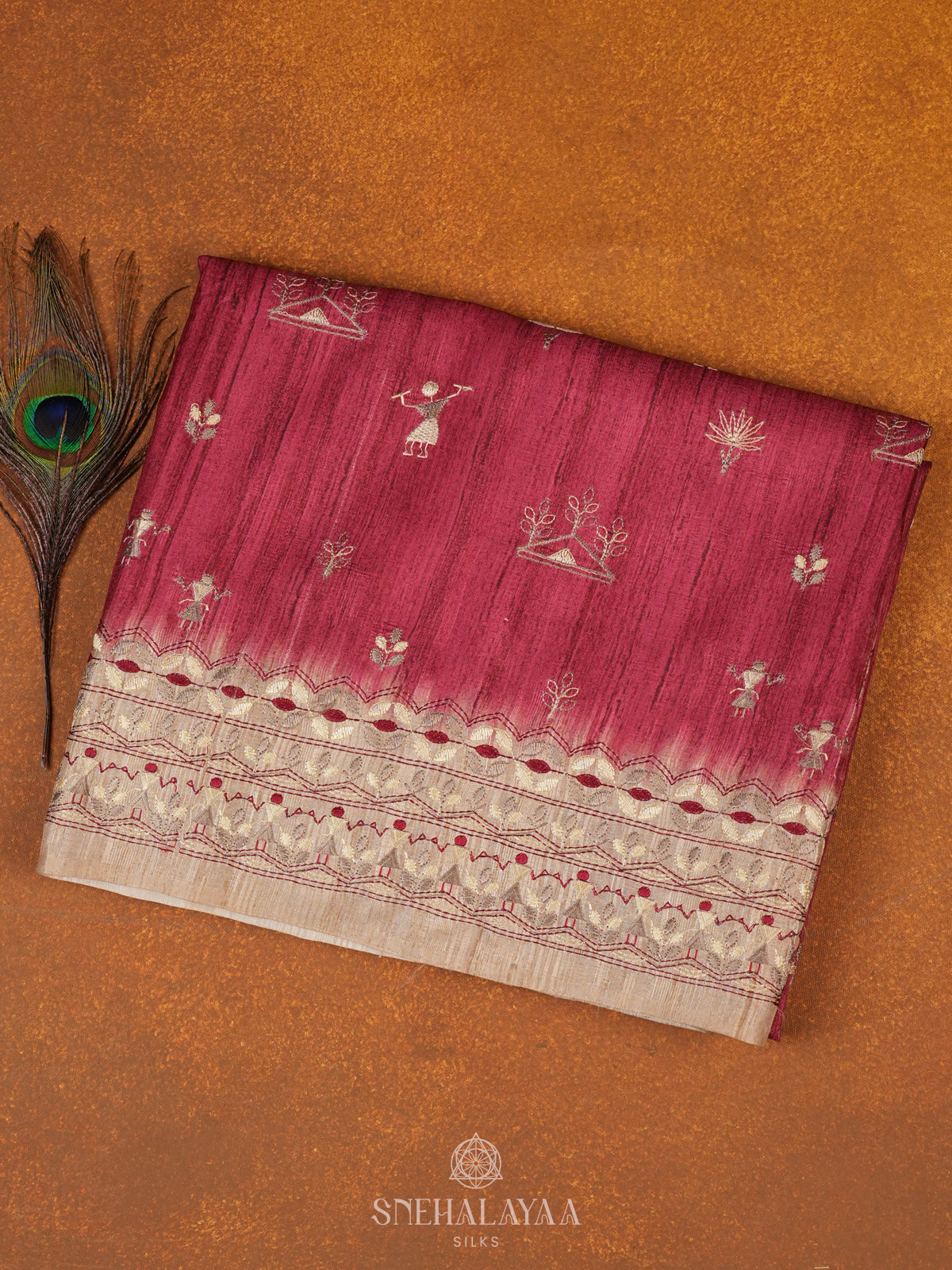 Maroon Tussar Embroidery Saree