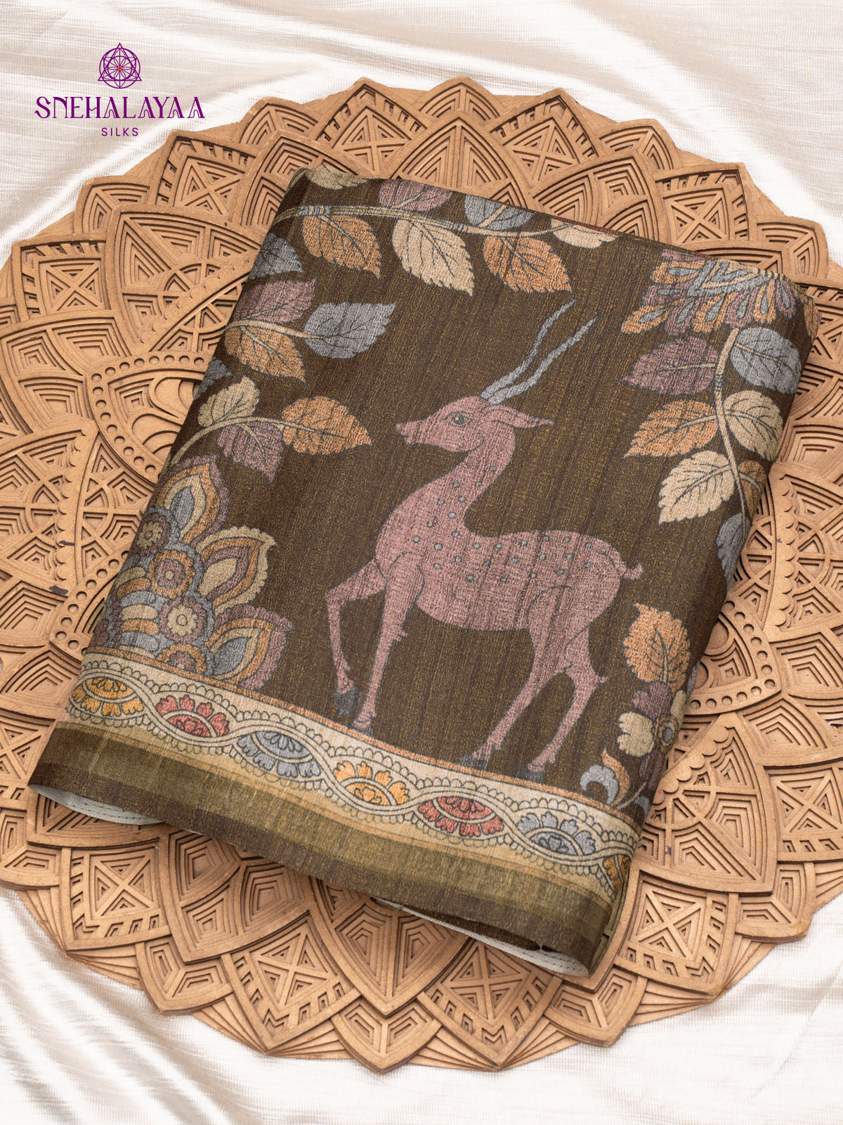 Brown Printed Tussar Saree