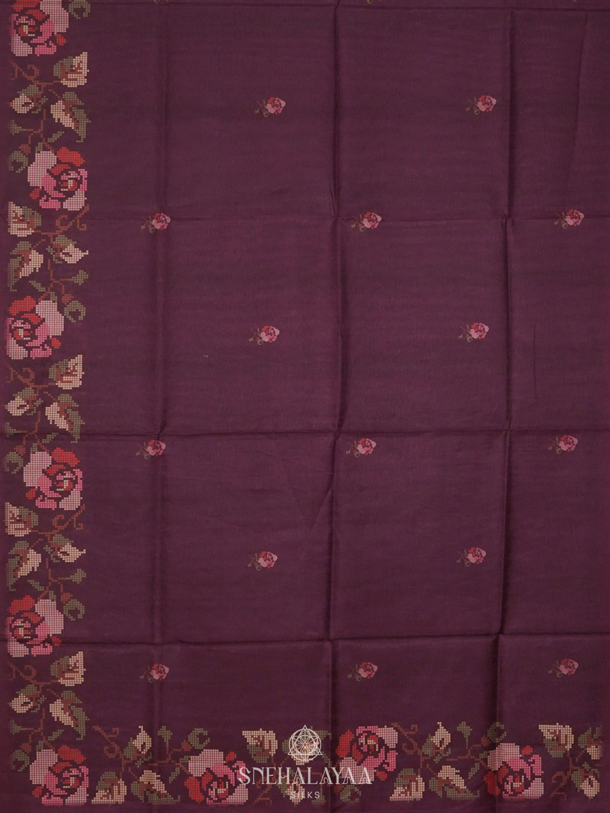 Magenta Floral Printed Tussar Saree