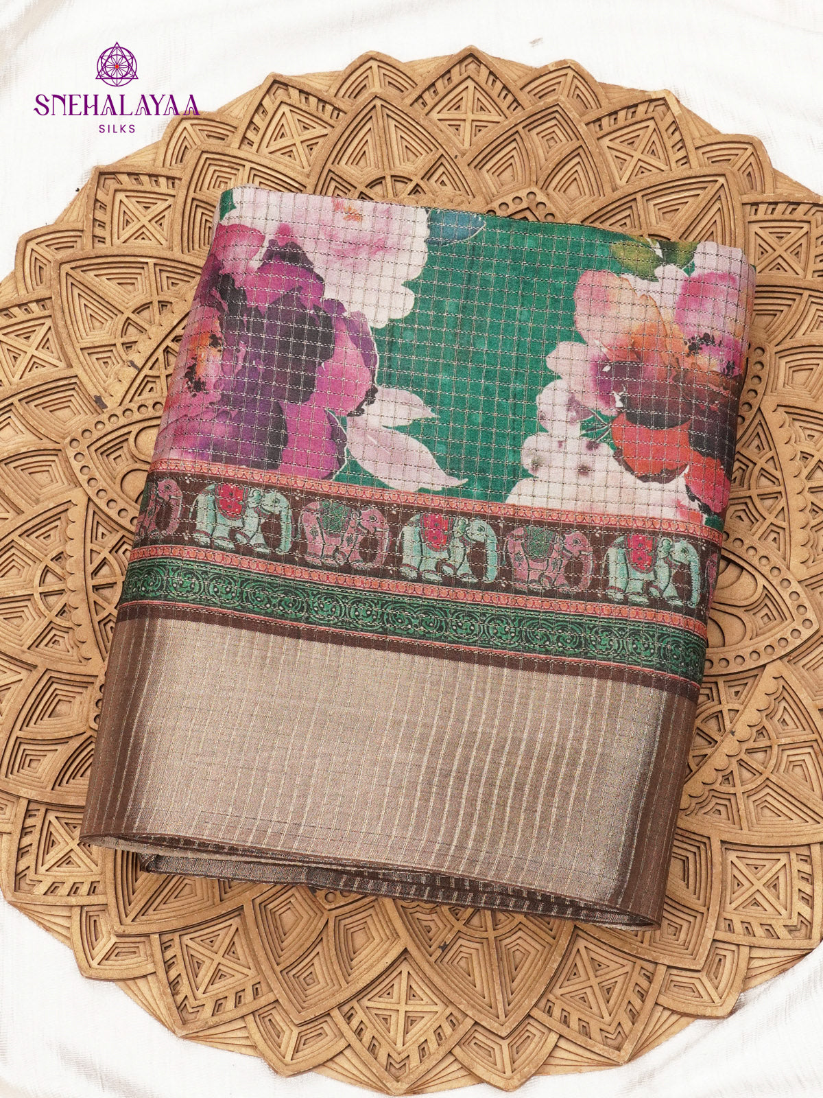 Emeral Green Floral Printed Tussar Saree