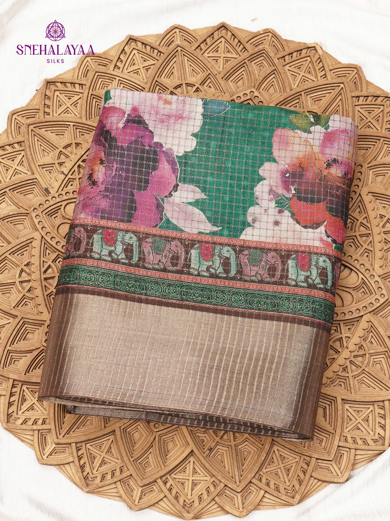 Emeral Green Floral Printed Tussar Saree