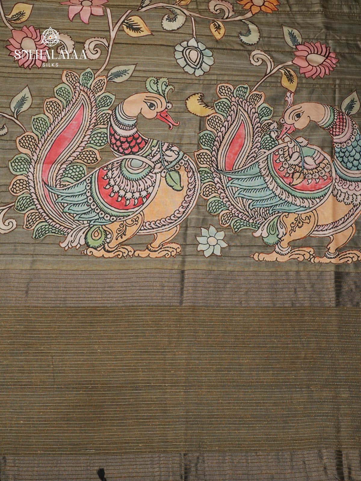 Olive Green Tussar Embroidery Saree