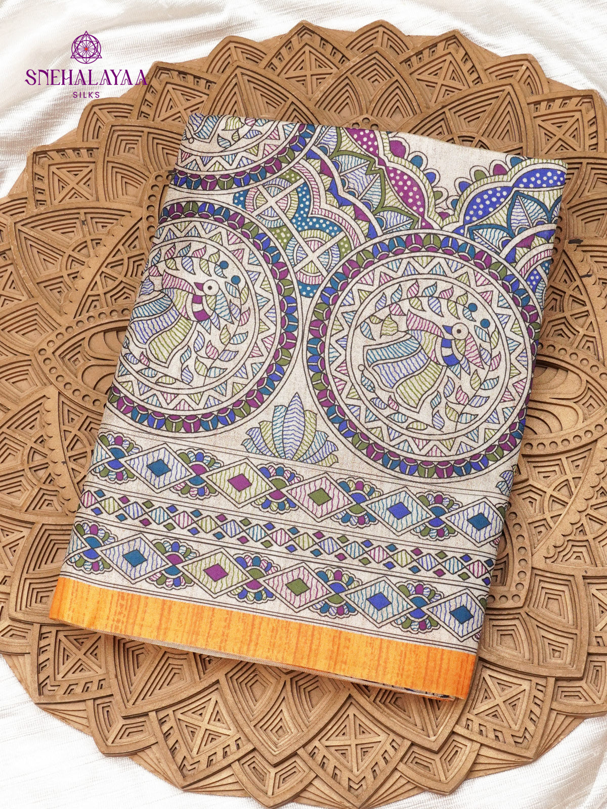 Beige With Yellow Border Madhubani Saree