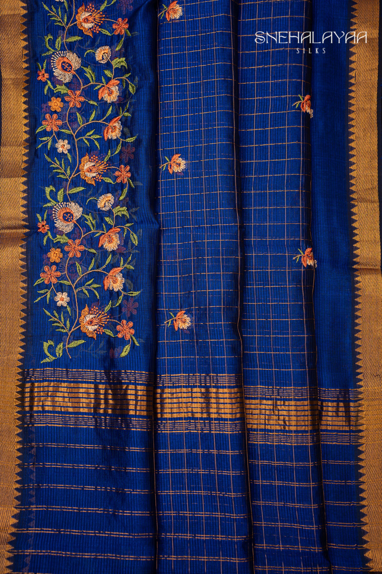 Admiral Blue Mangalgiri Embroidery Saree