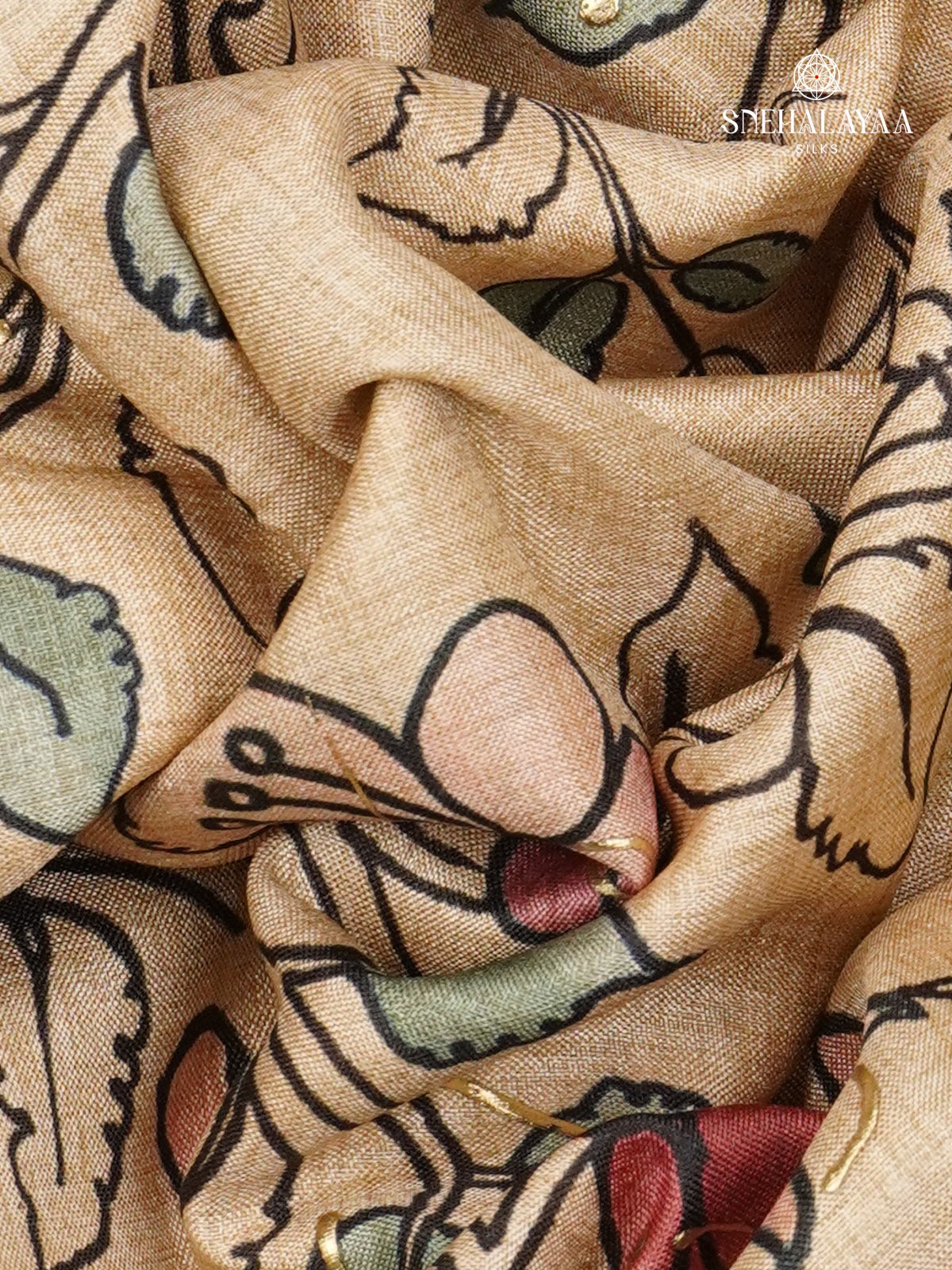 Beige With Teal Blue Floral Printed Tussar Saree