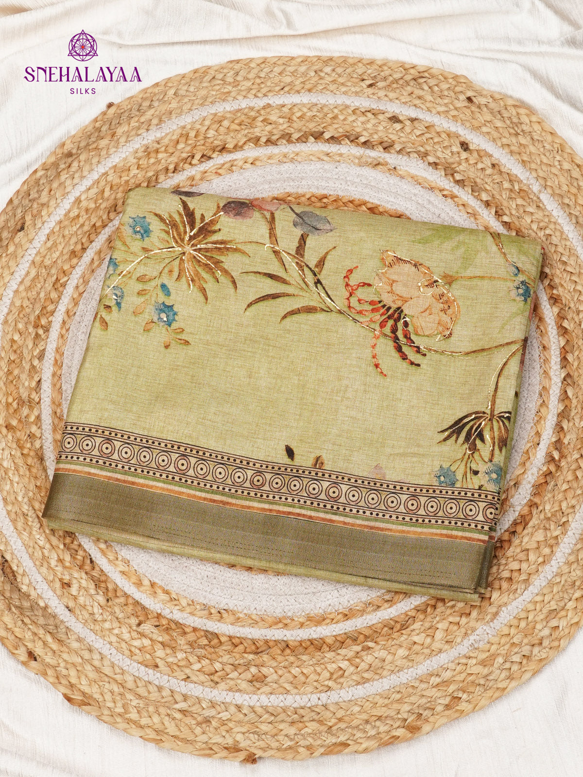 Olive Green Floral Printed Tussar Saree