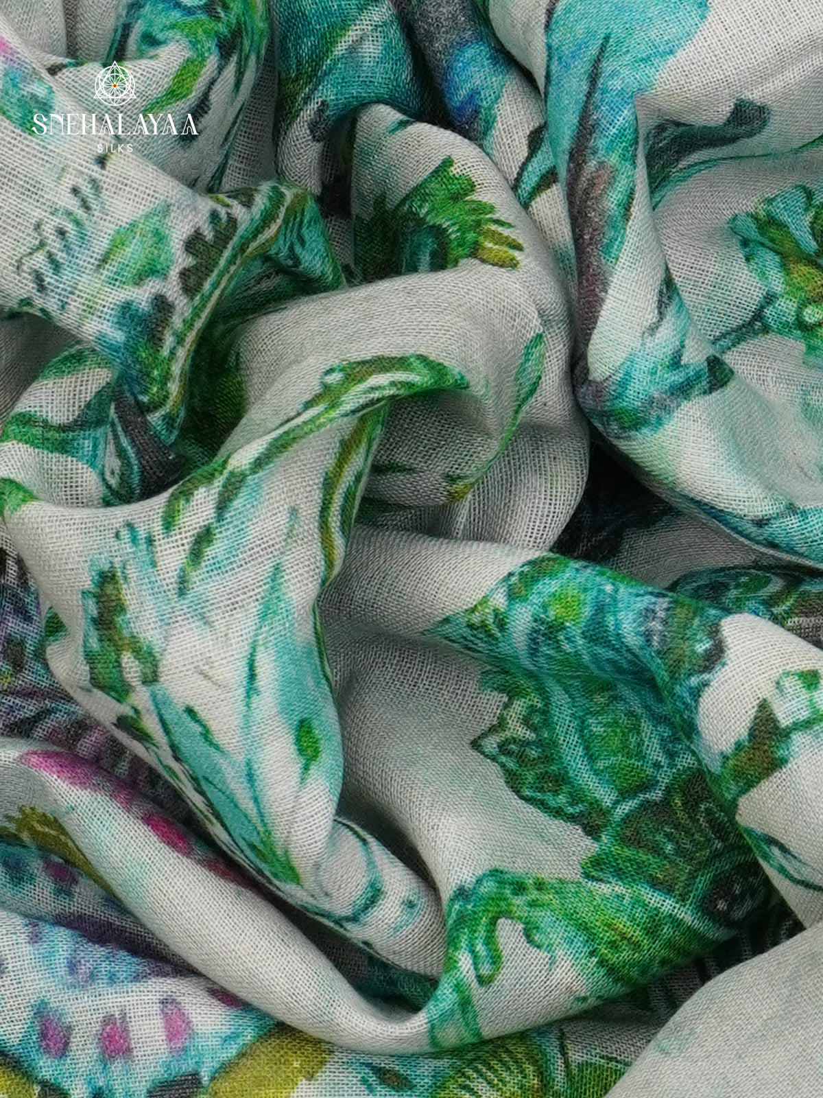 Teal Green Printed Linen Cotton Saree