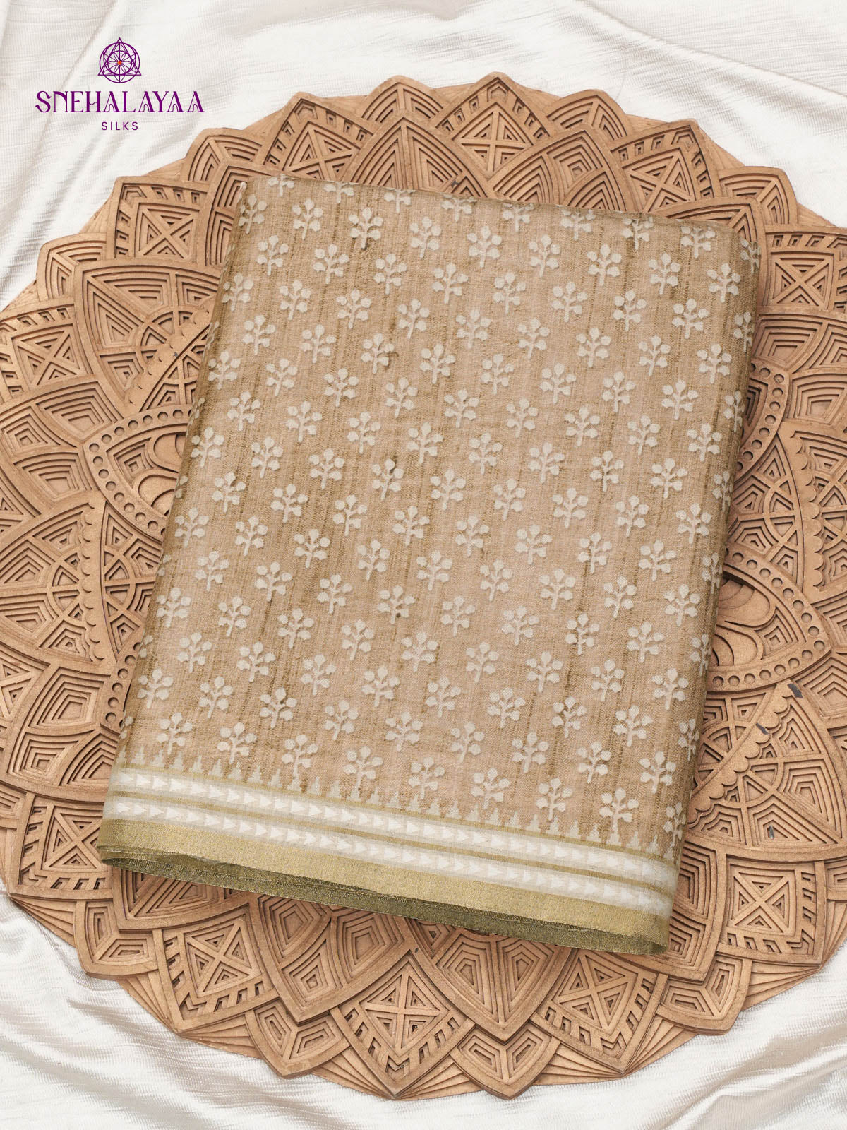 Beige Floral Printed Tussar Saree