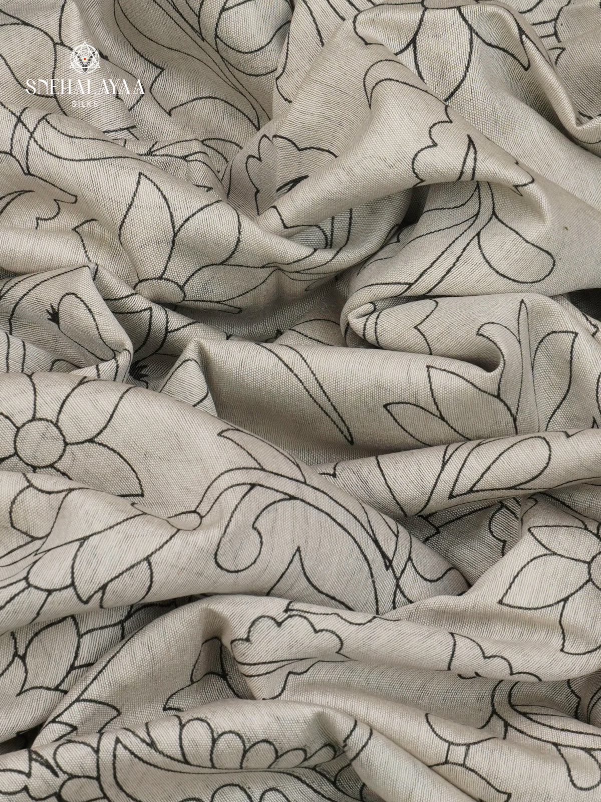 Off-White Kalamkari Saree with Teal Green Woven Border