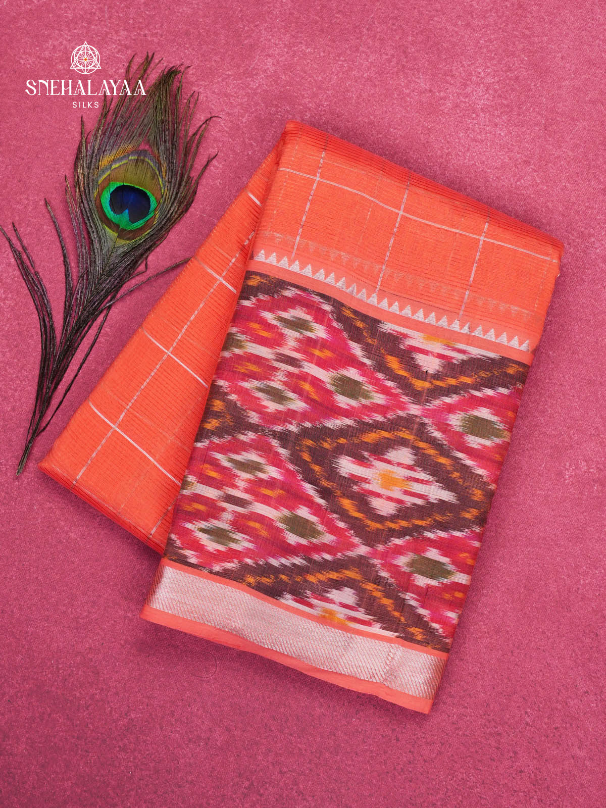 Orange Mangalagiri Silk Cotton Saree with Ikat Border