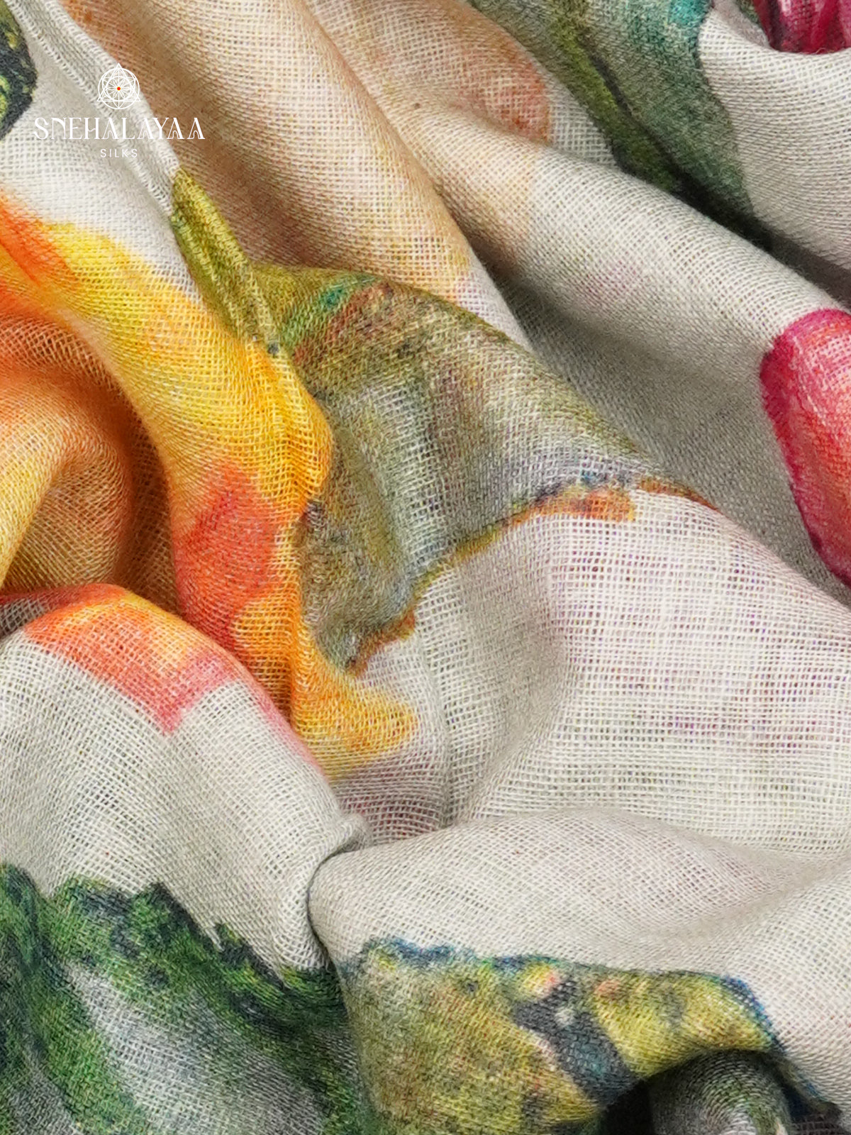 Off White Printed Linen Cotton Saree