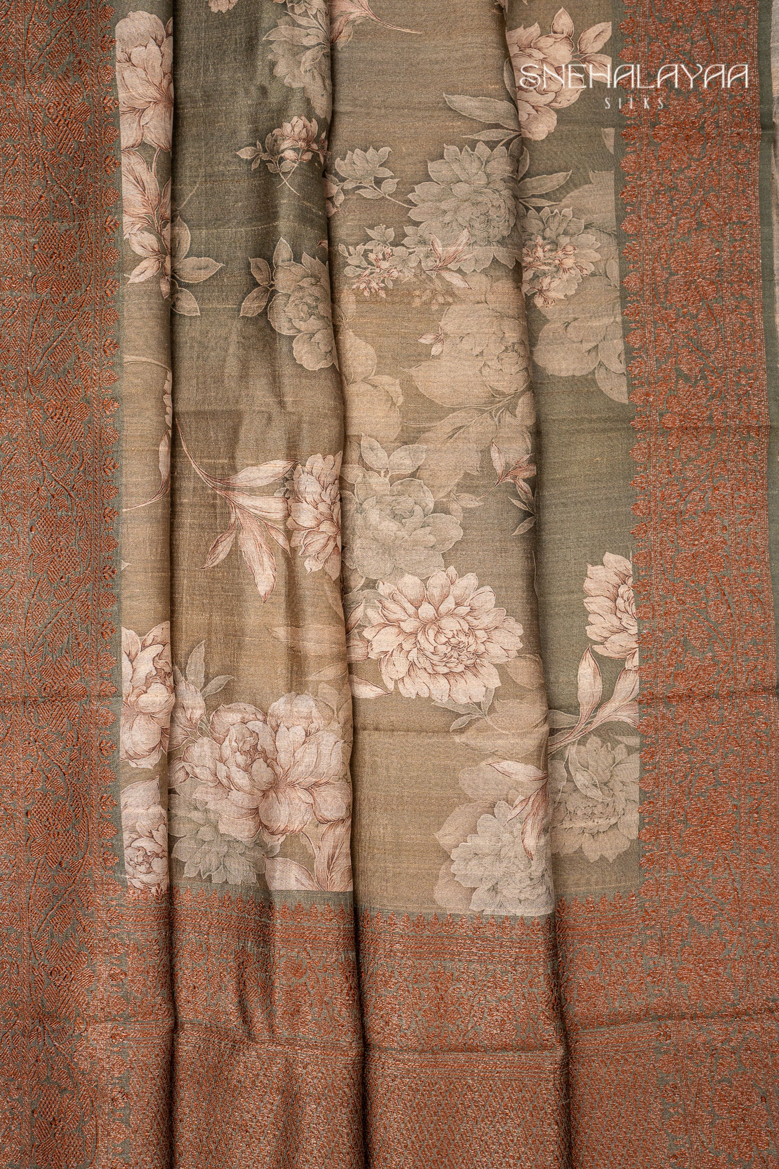 Sage Green Printed Jute Tussar Saree