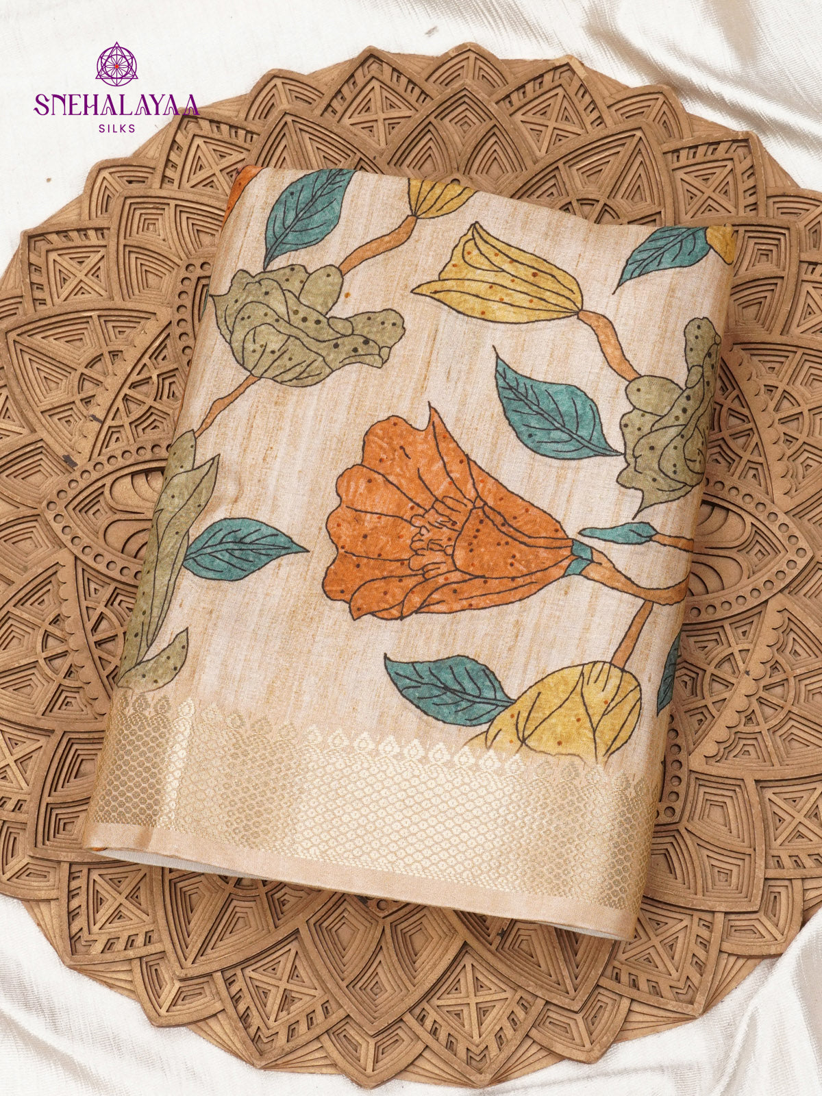 Beige Floral Printed Tussar Saree