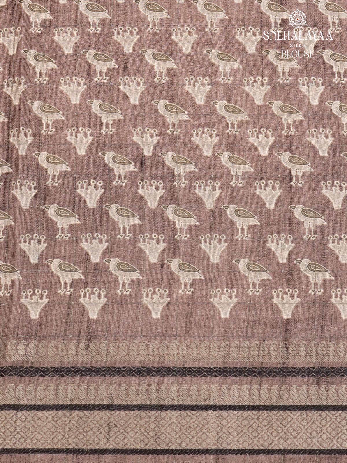 Beige With Brown Border Floral Printed Tussar Saree