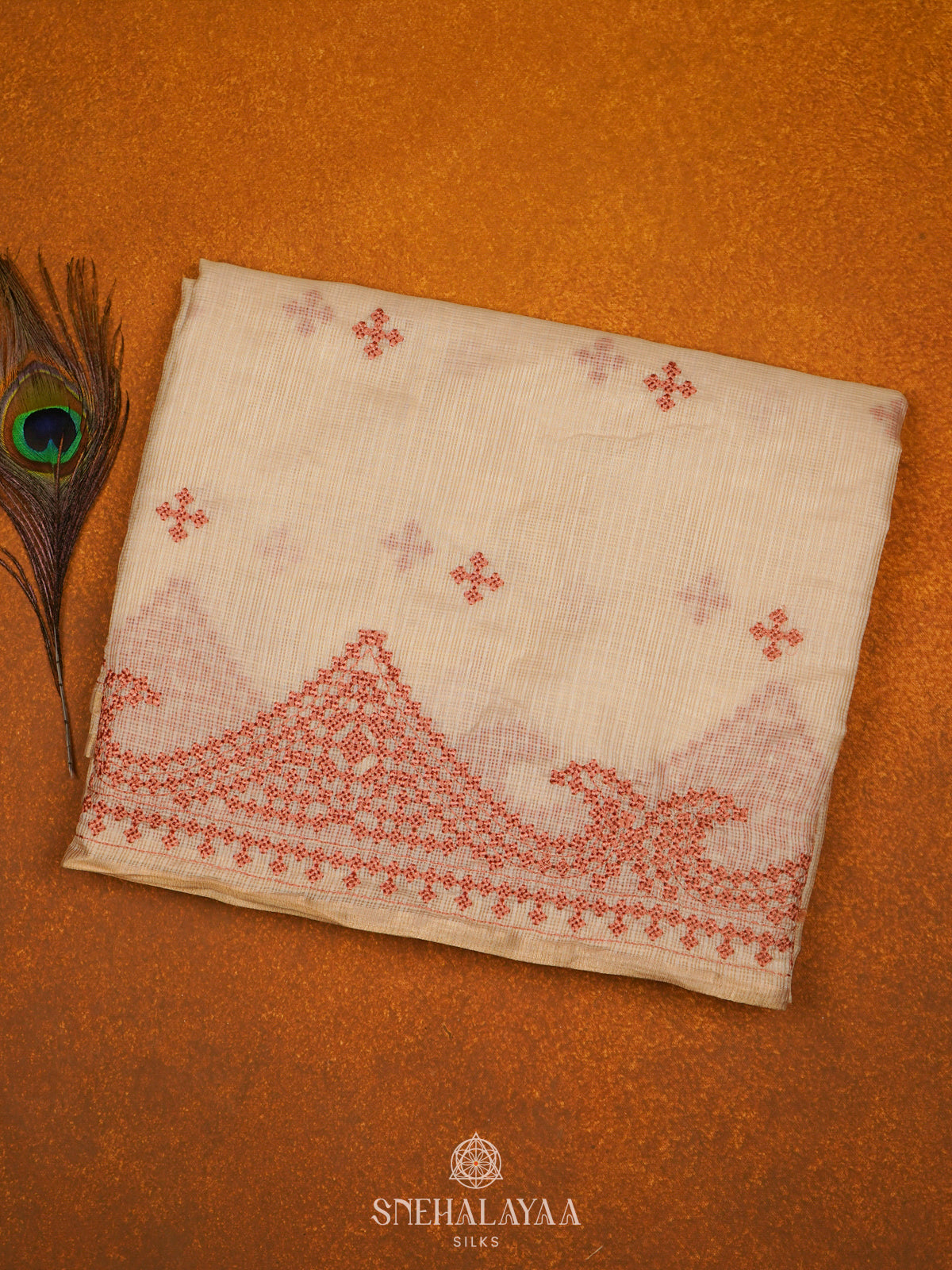 Cream Kota Embroidery with Pink Border