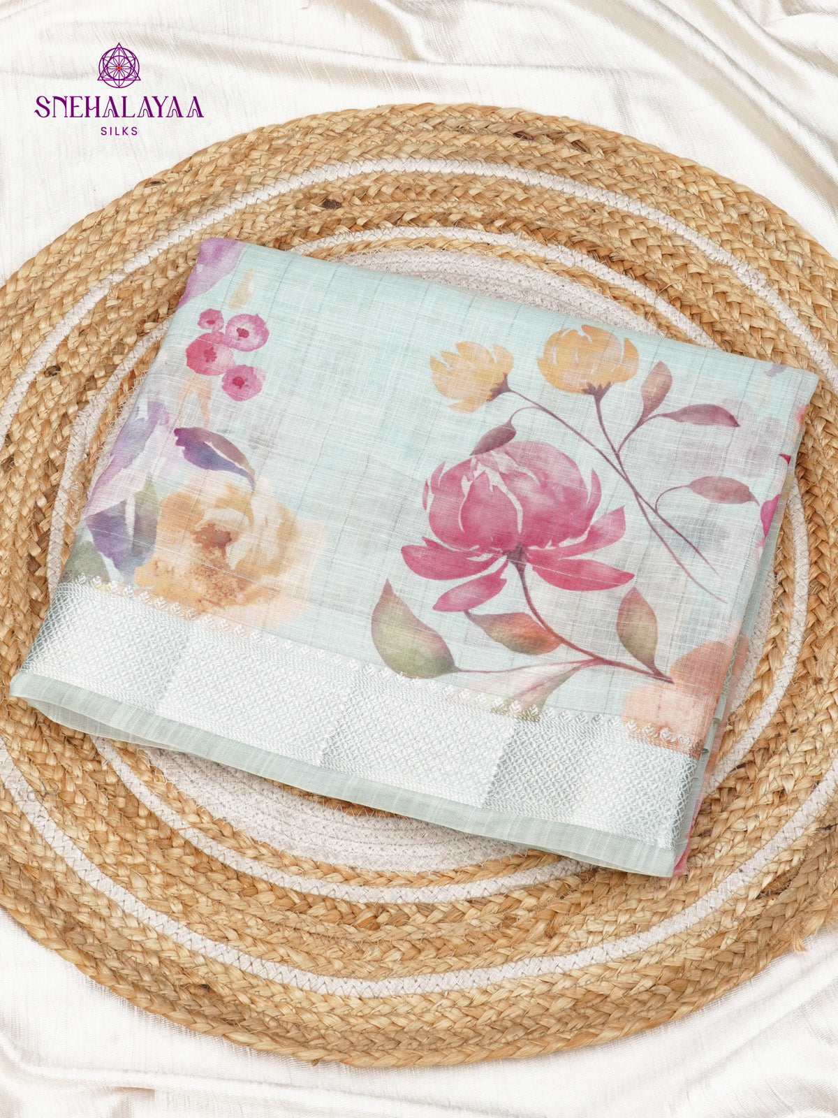 Pastel Blue Printed Linen Saree