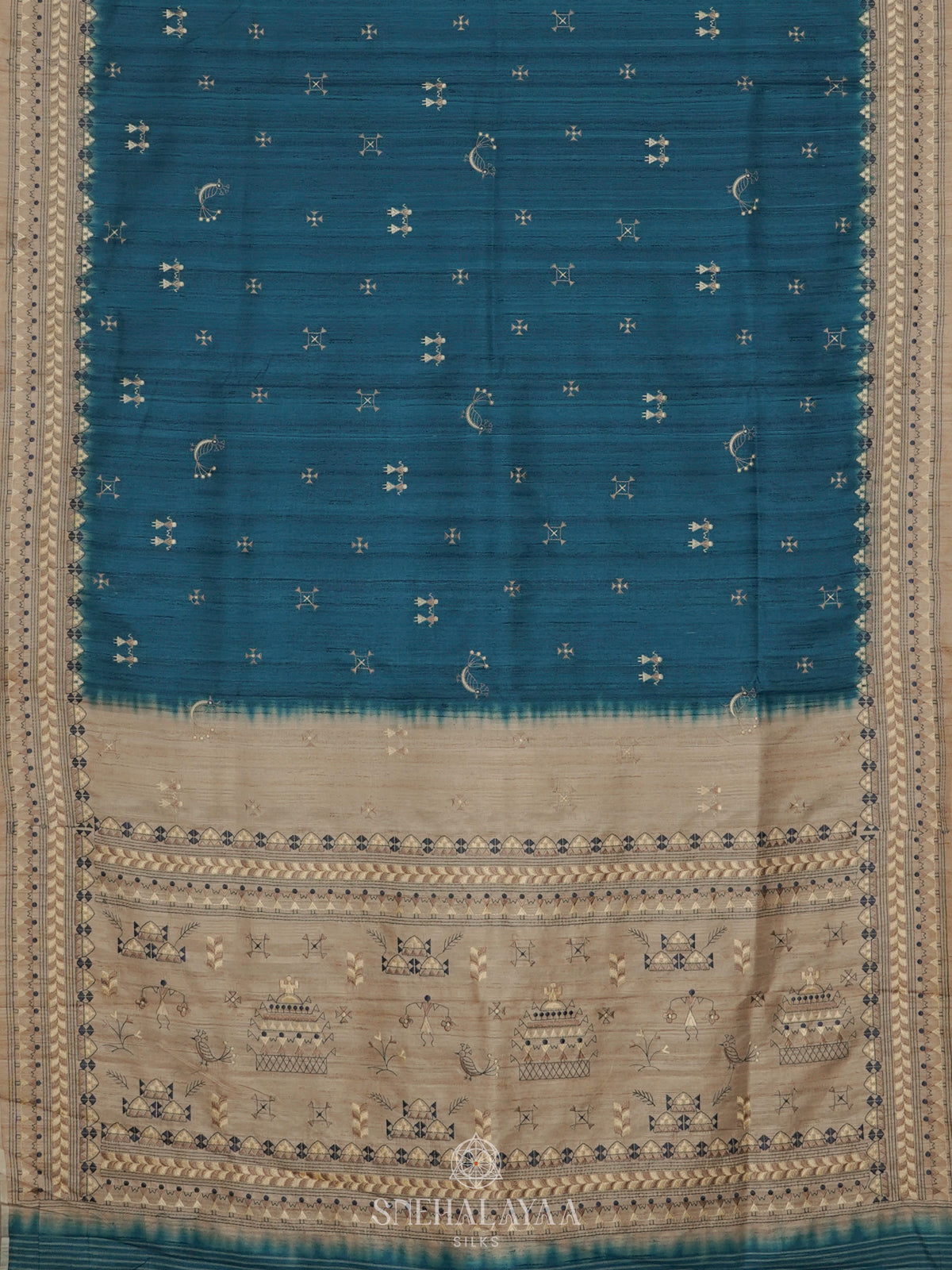 Peacock Blue Tussar Embroidery Saree