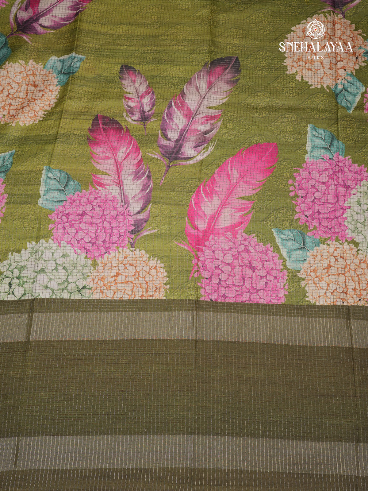 Olive Green Floral Printed Tussar Saree