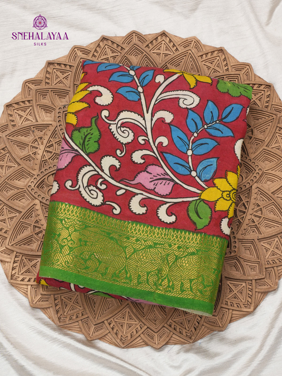 Red Kalamkari Hand Printed Saree