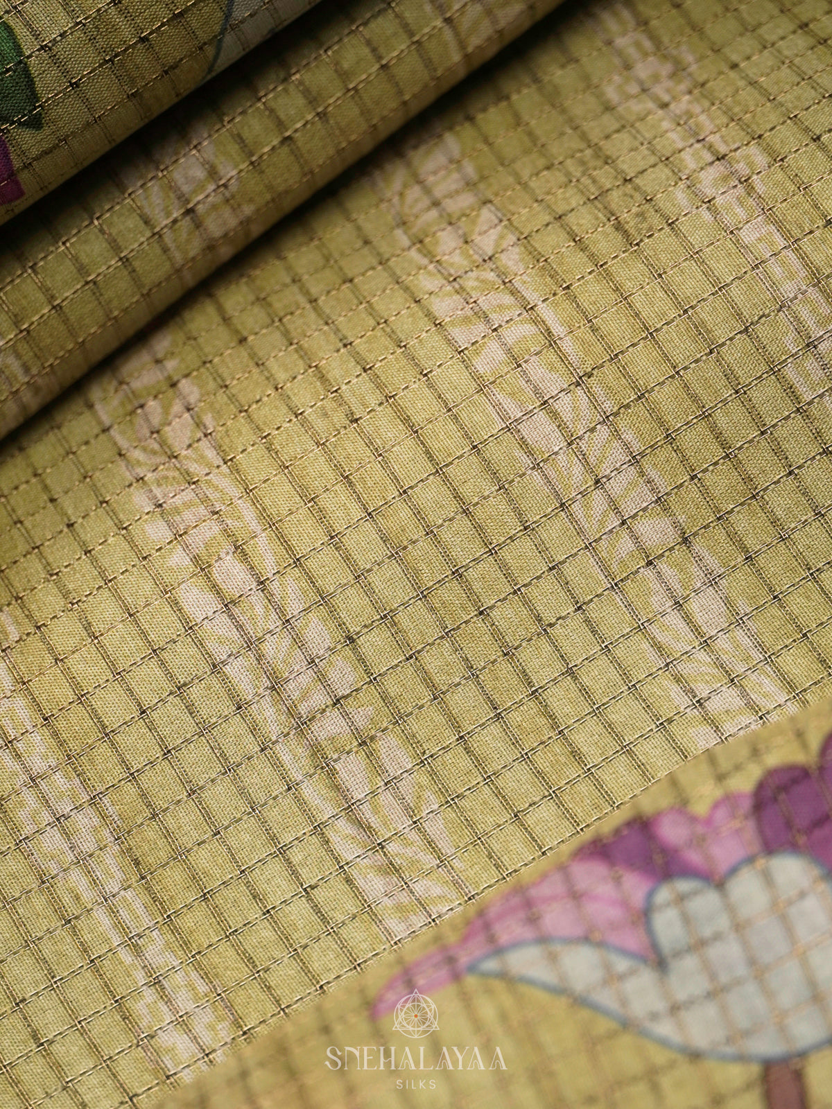 Pale Yellow Tussar Saree with Floral Prints