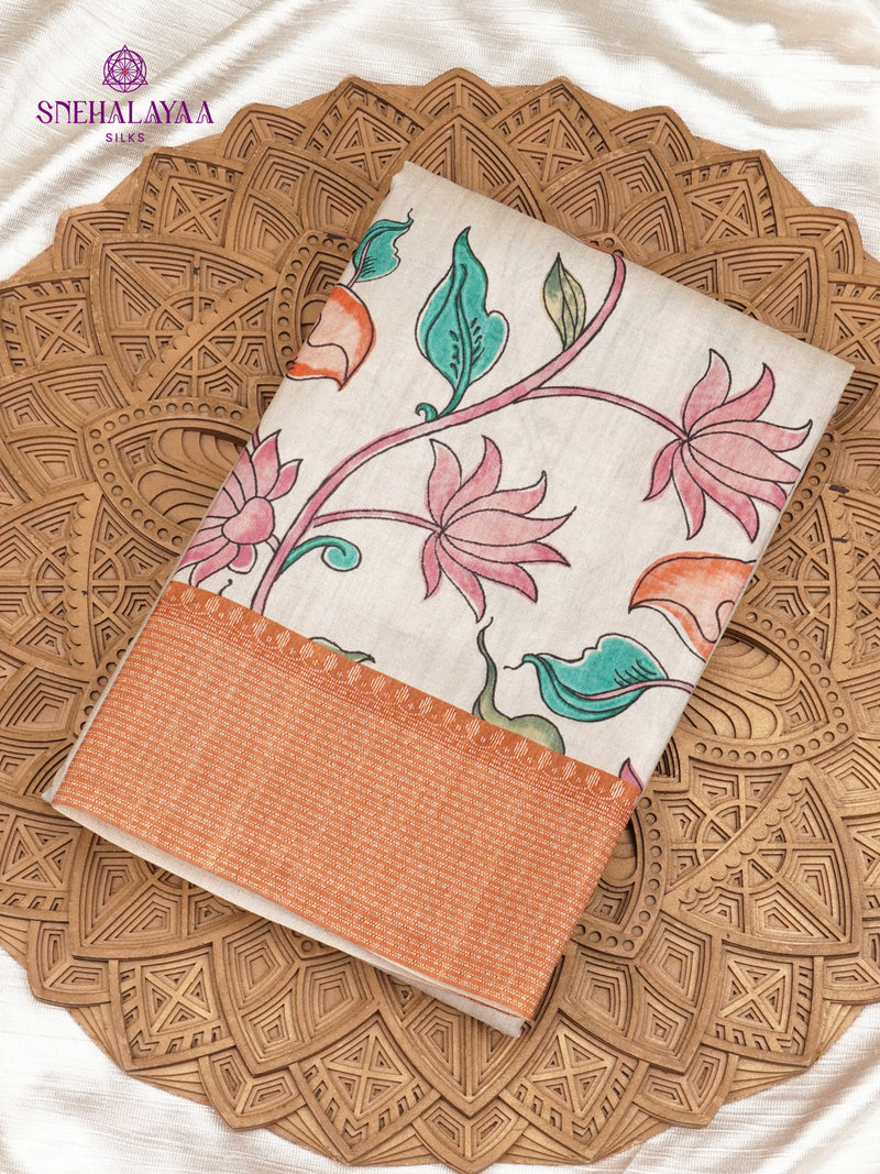 Beige With Orange Border Tussar Saree