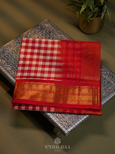 Red Checks Kanchi Silk Cotton Saree
