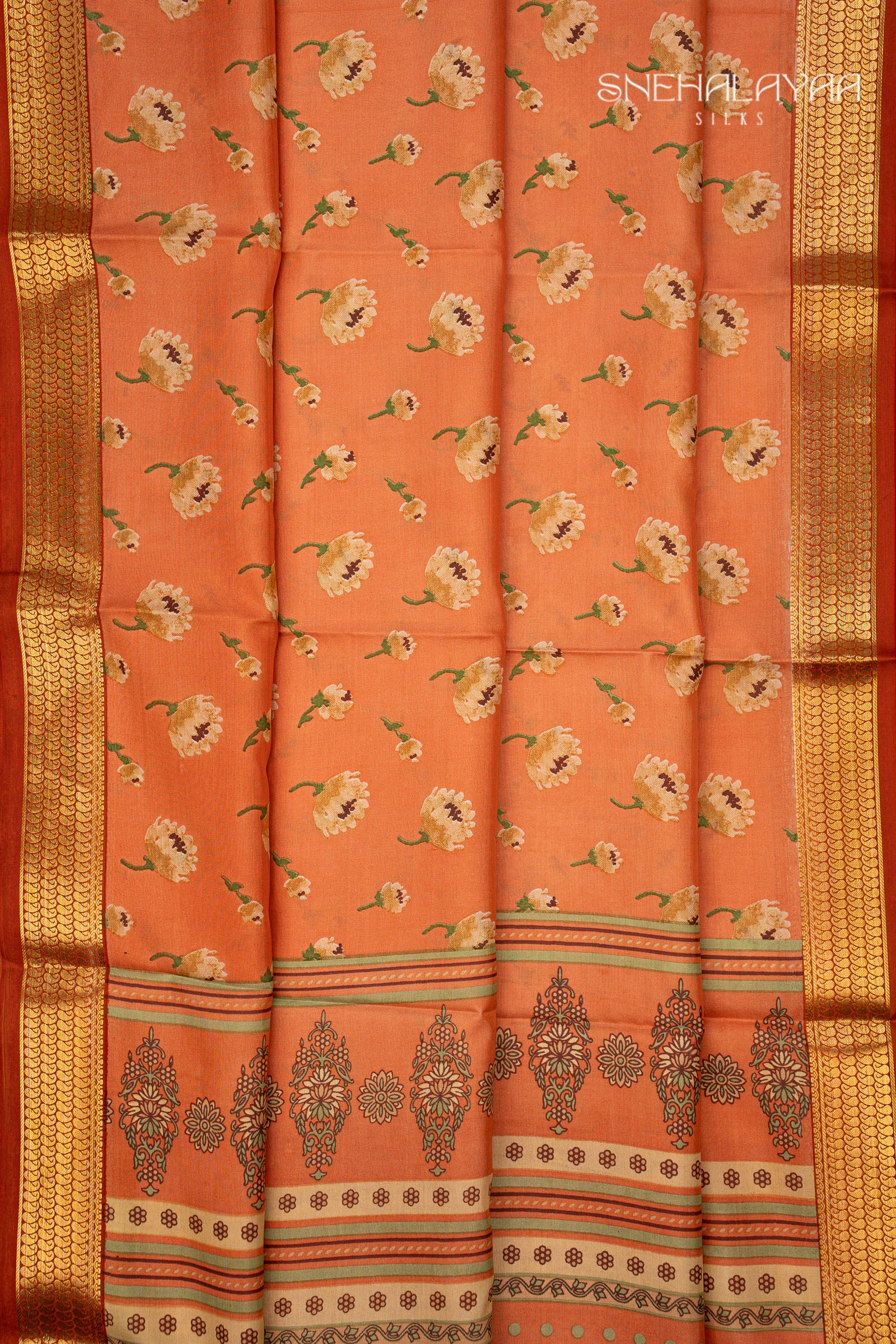 Tangerine Orange Printed Mysore Silk Saree