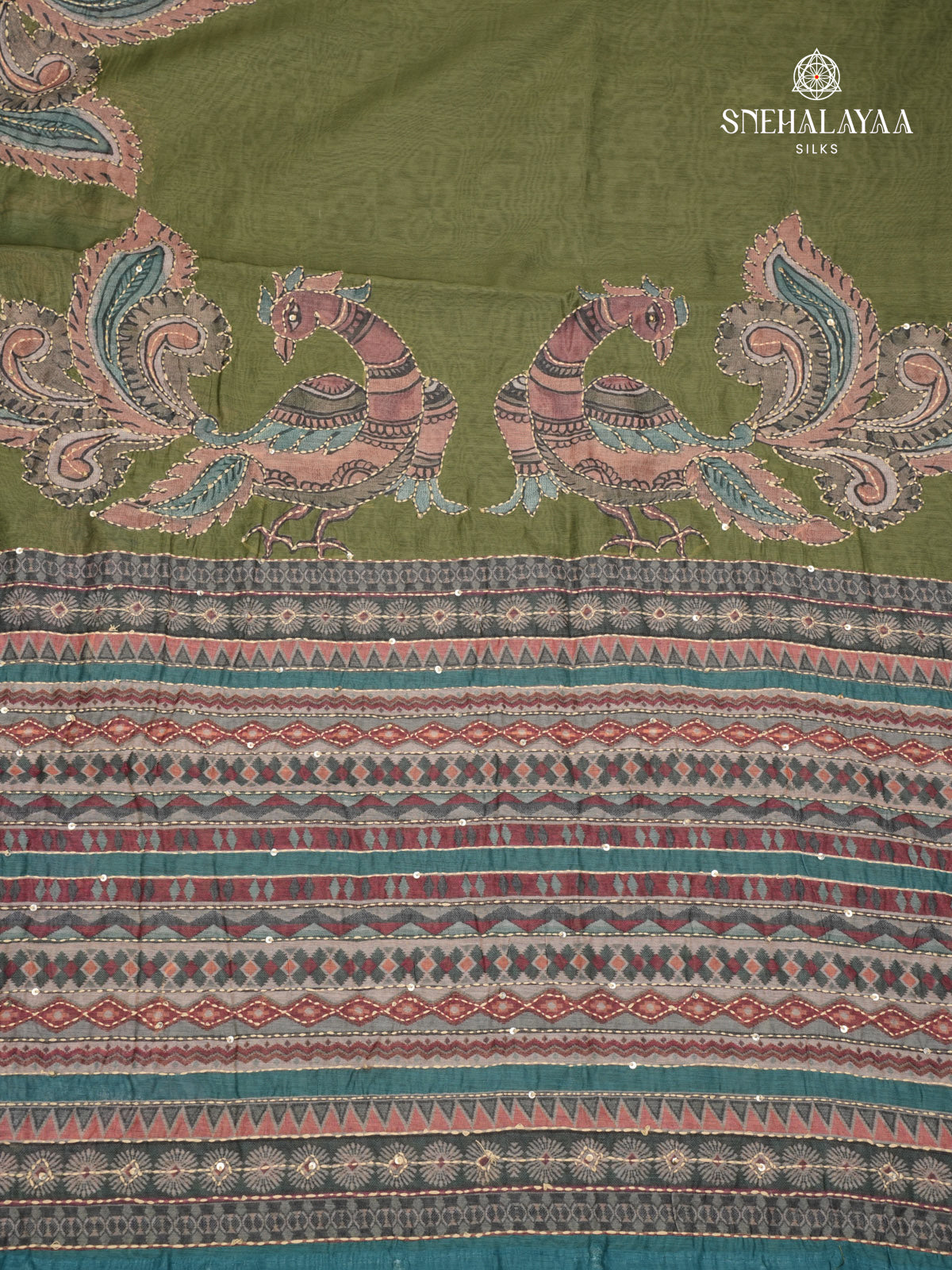 Olive Green Linen Embroidery Saree