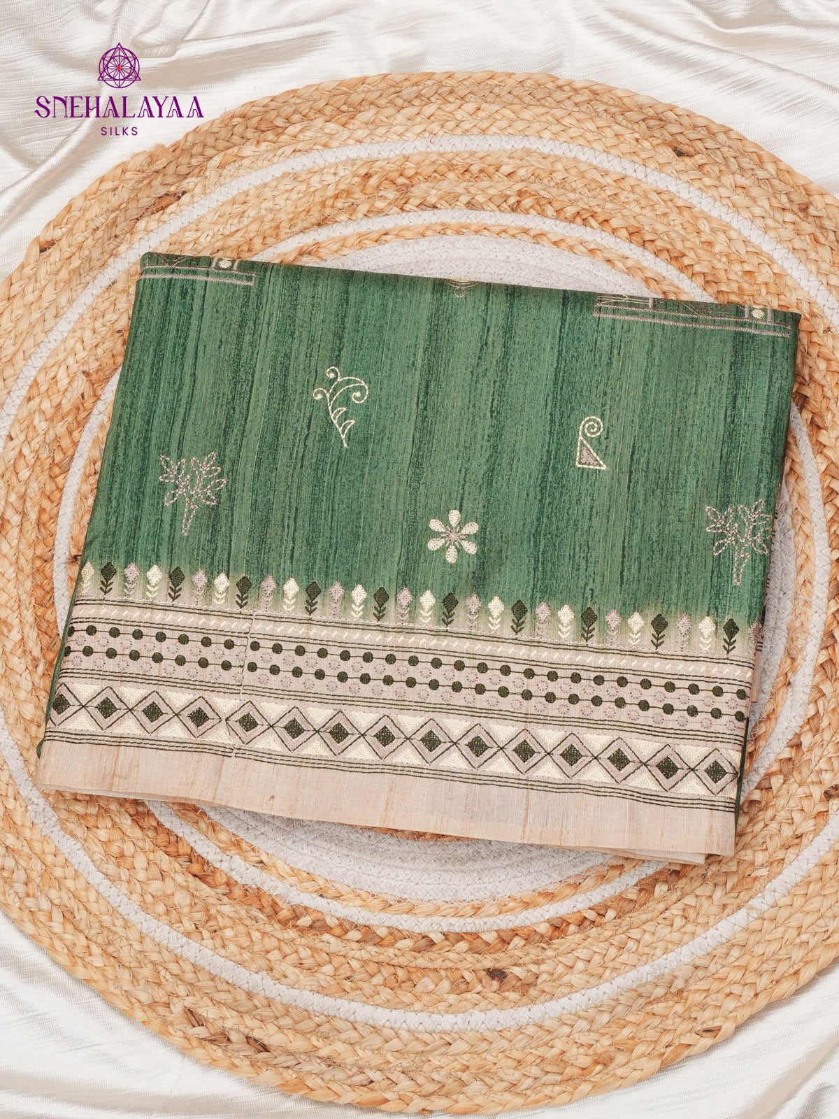 Green Tussar Embroidery Saree