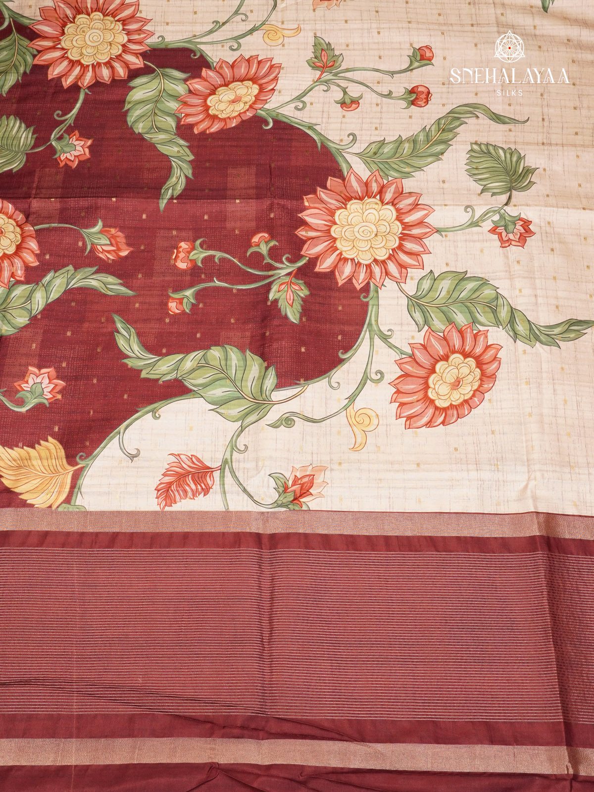 Marron Floral Printed Tussar Saree