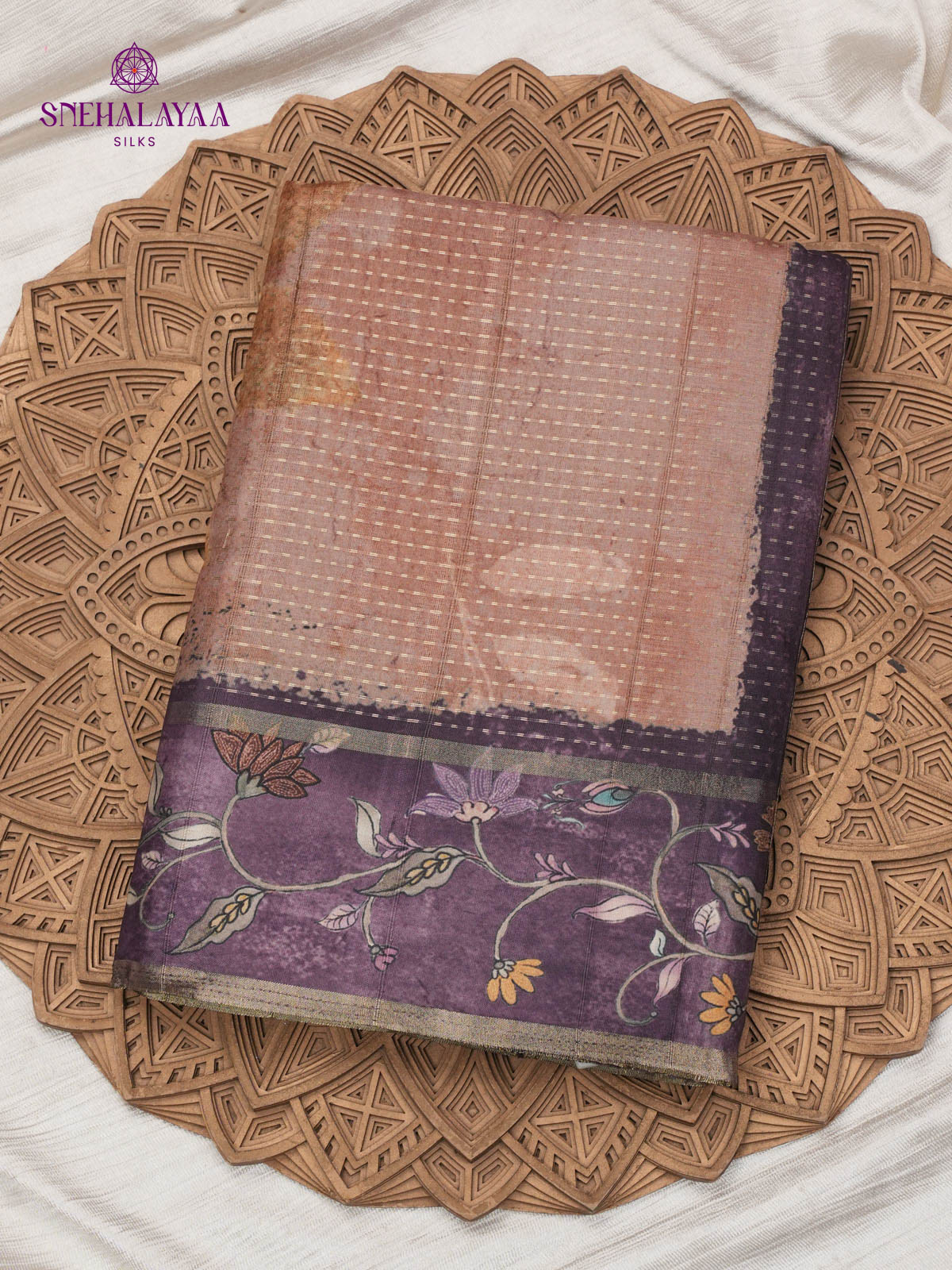 Brown Floral Printed Tussar Saree