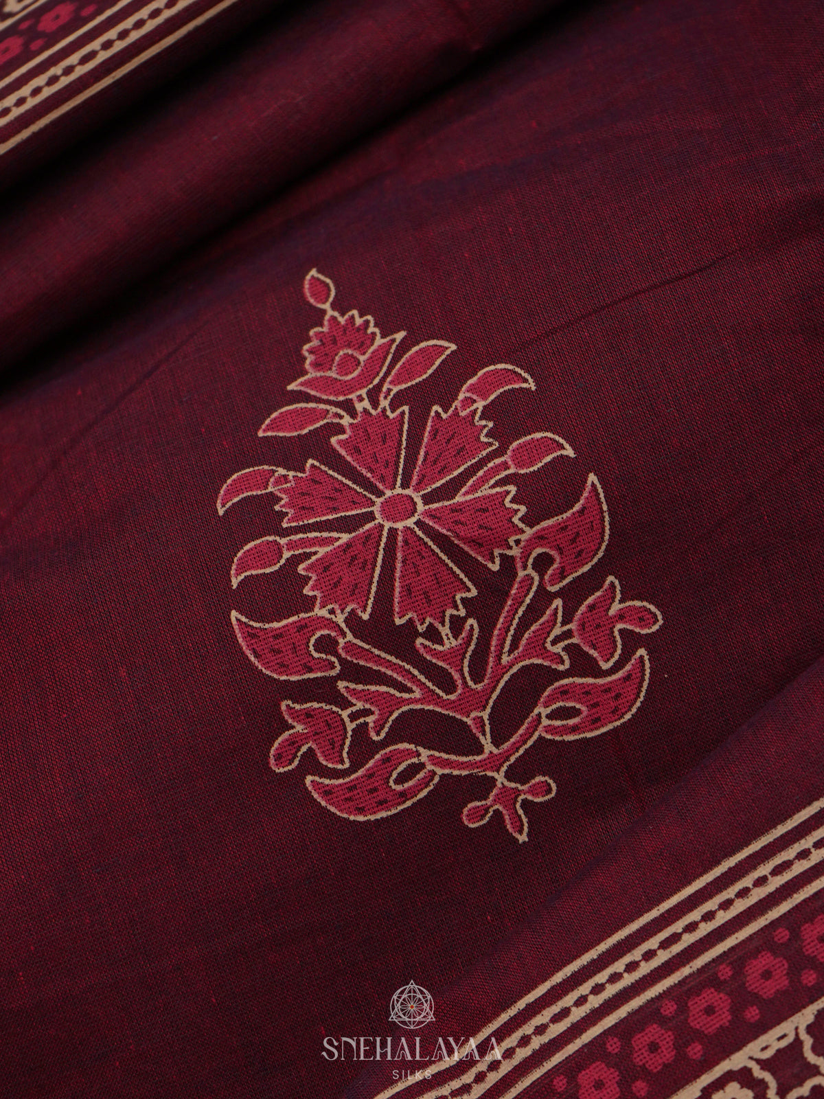 Burgundy Printed Cotton Saree