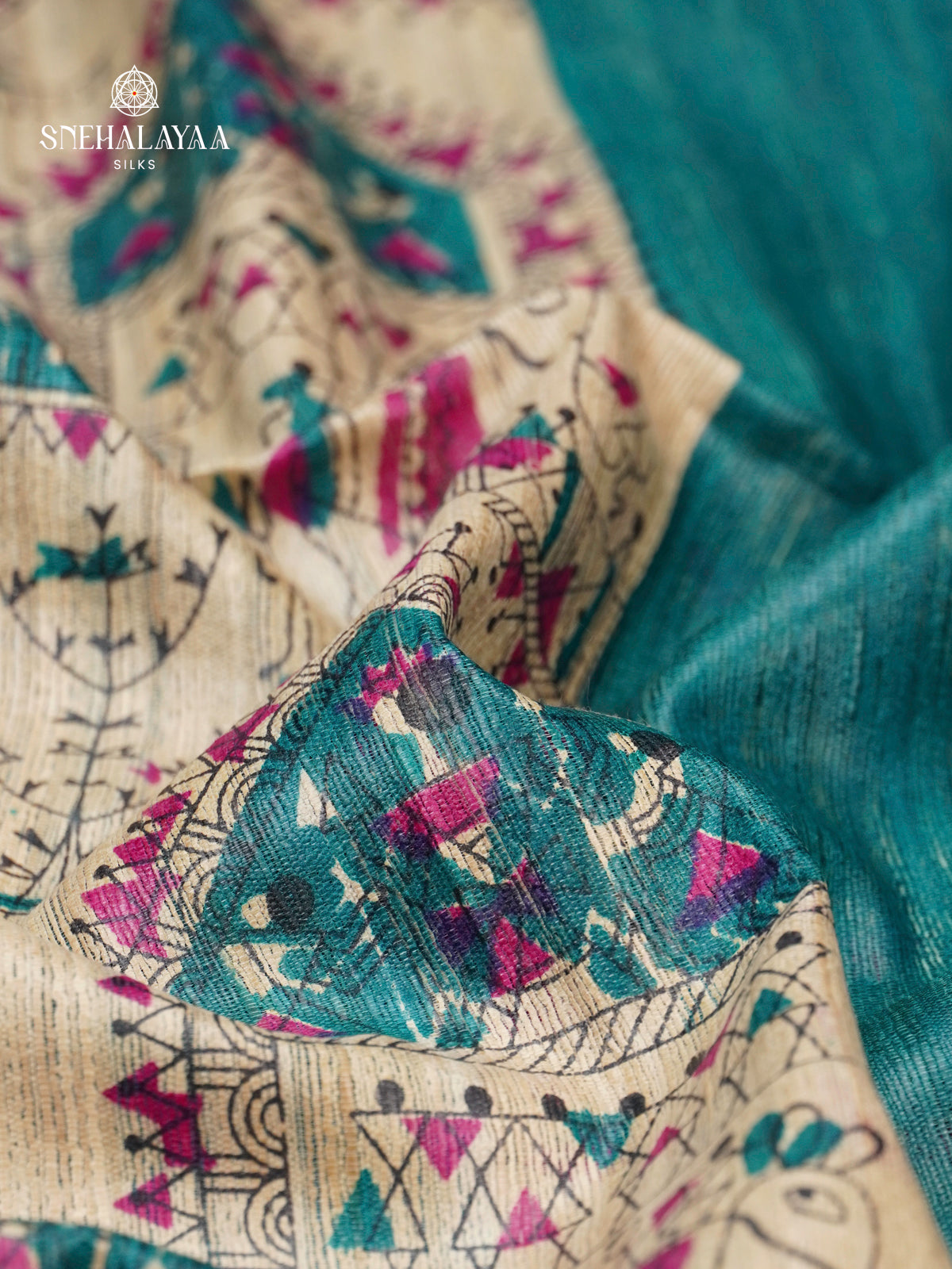 Teal Green Madhubani Printed Saree