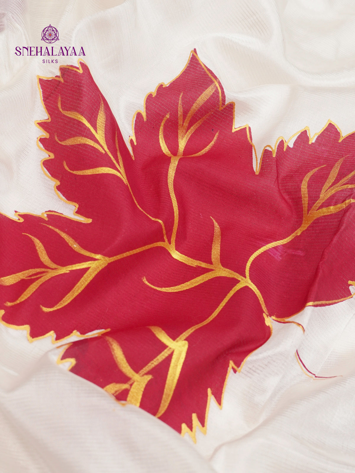 Off White Mangalagiri Silk Cotton Saree with Hand Painted Red Leaf Motifs