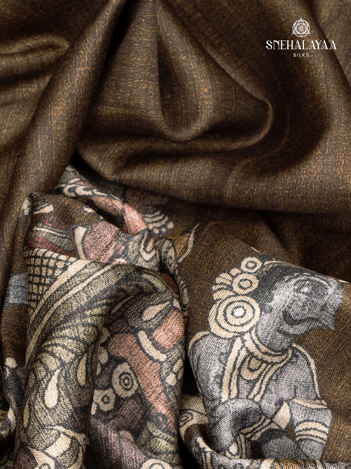 Brown Printed Tussar Saree