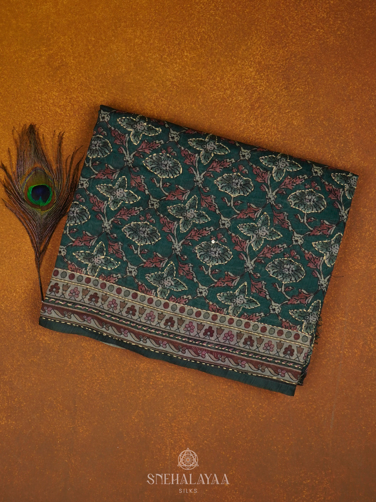 Forest Green Linen Embroidery Saree