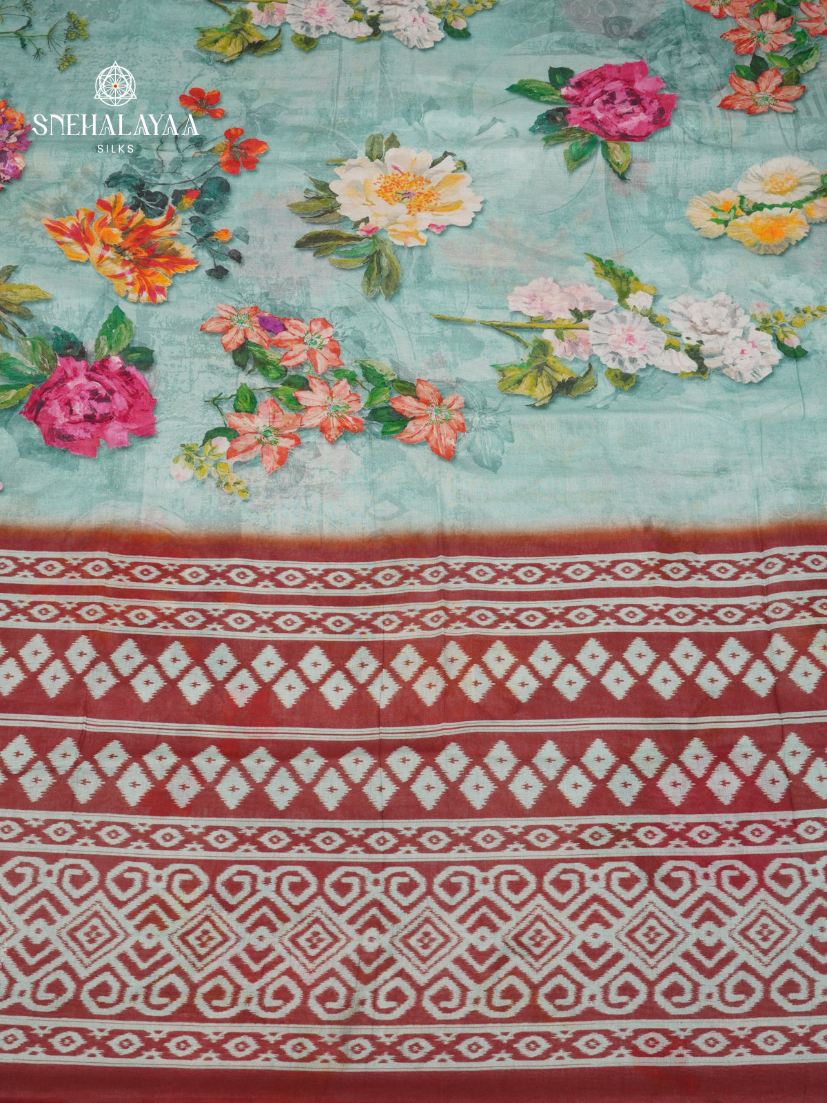 Teal Green Printed Linen Cotton Saree