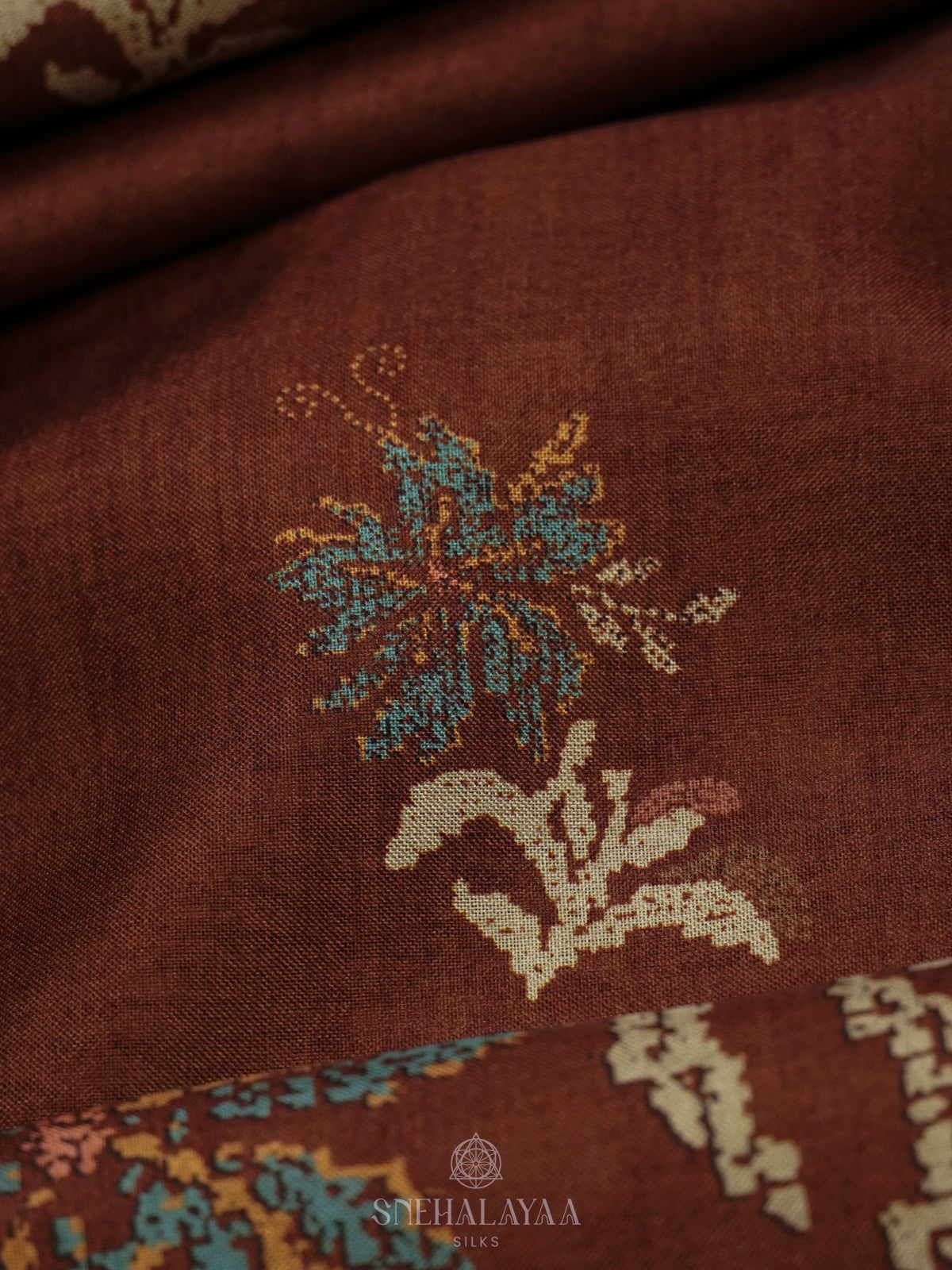 Brown Floral Printed Tussar Saree