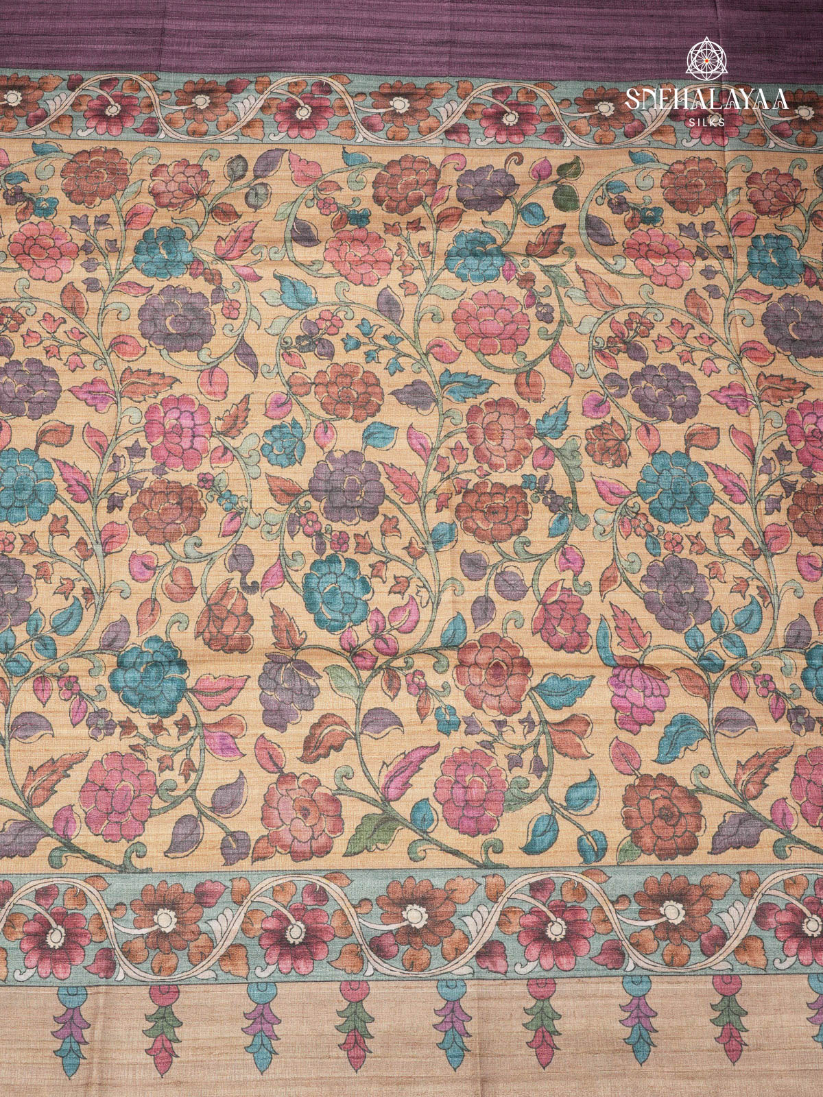 Purple Floral Printed Tussar Saree