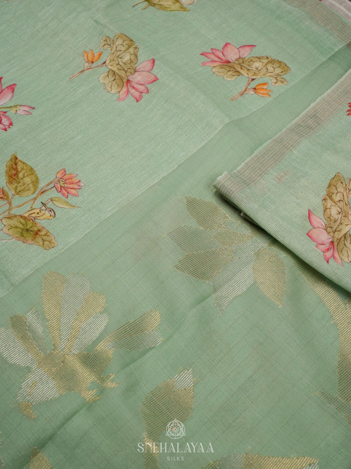 Pale Green Linen Kora Silk Saree