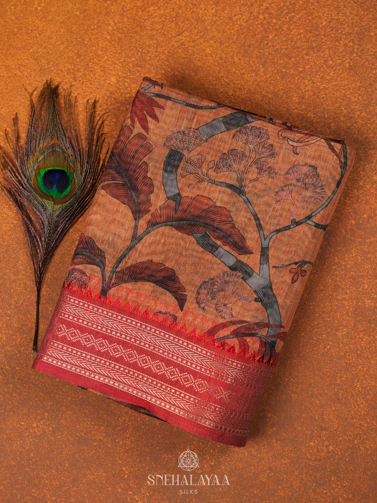 Orange Printed Linen Saree