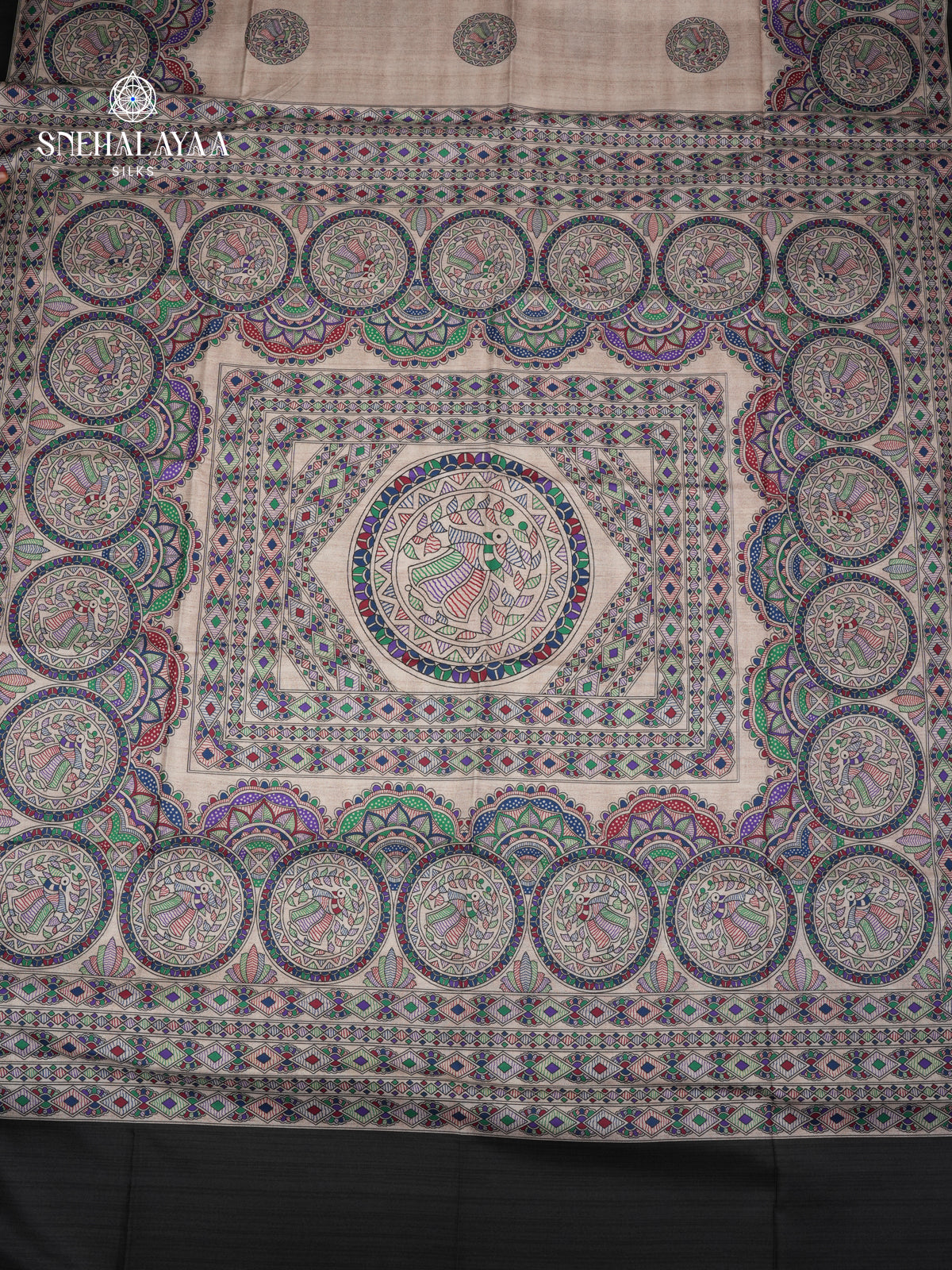 Beige With Black Border Madhubani Saree