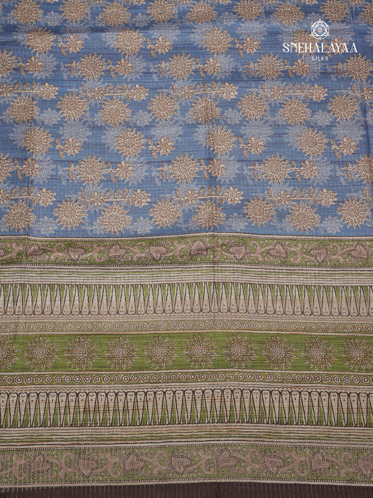 Pastel Blue Floral Printed Tussar Saree