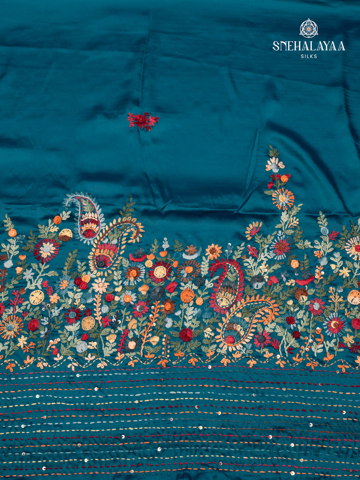 Blue Satin Embroidery Saree