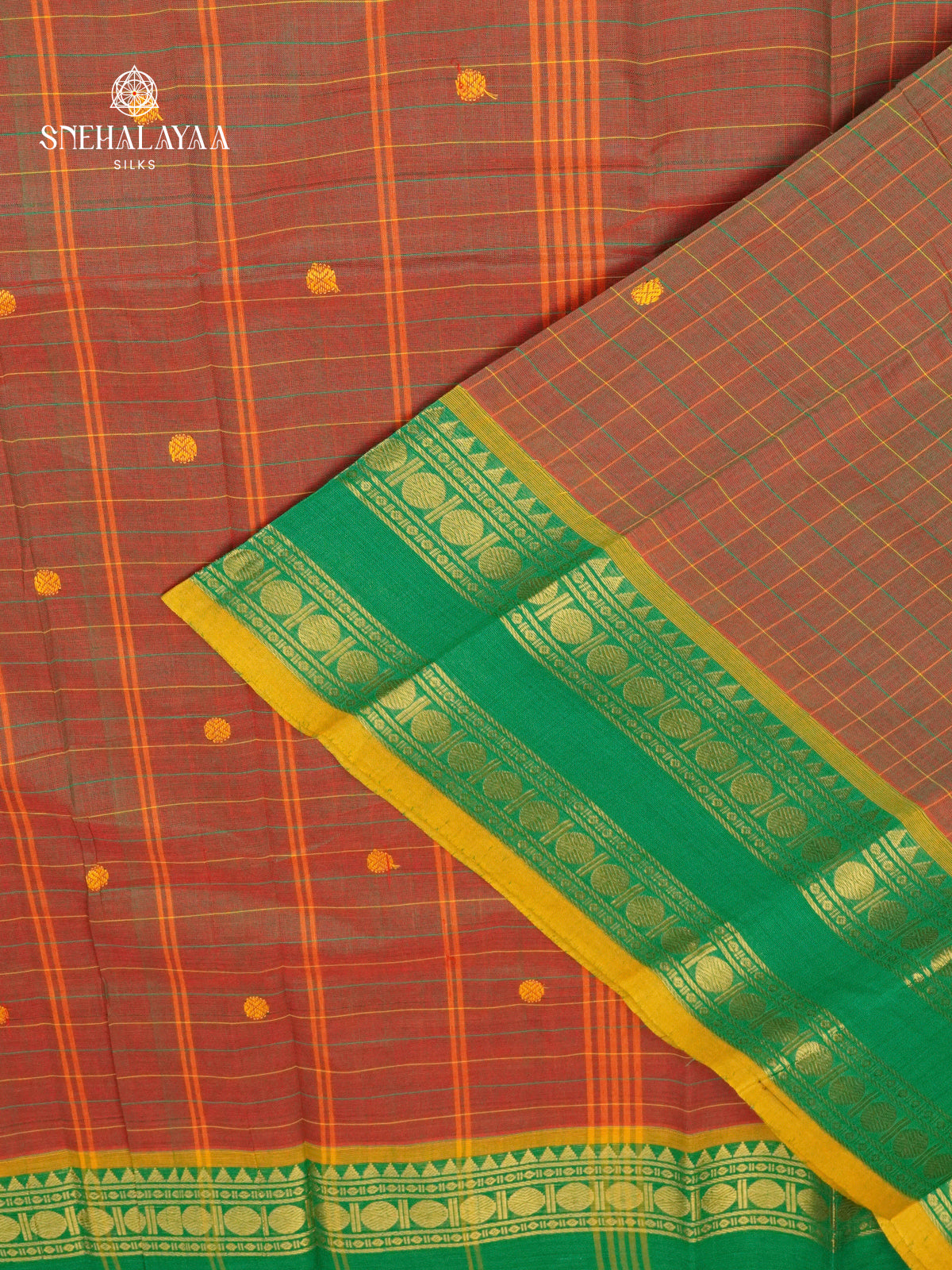 Checked Rust Brown Kanchi Cotton Saree with Irandu Karai Zari Borders