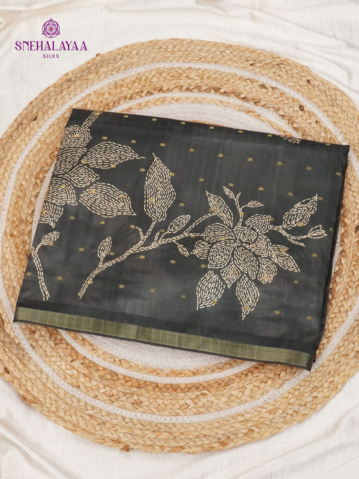 Black Floral Printed Tussar Saree