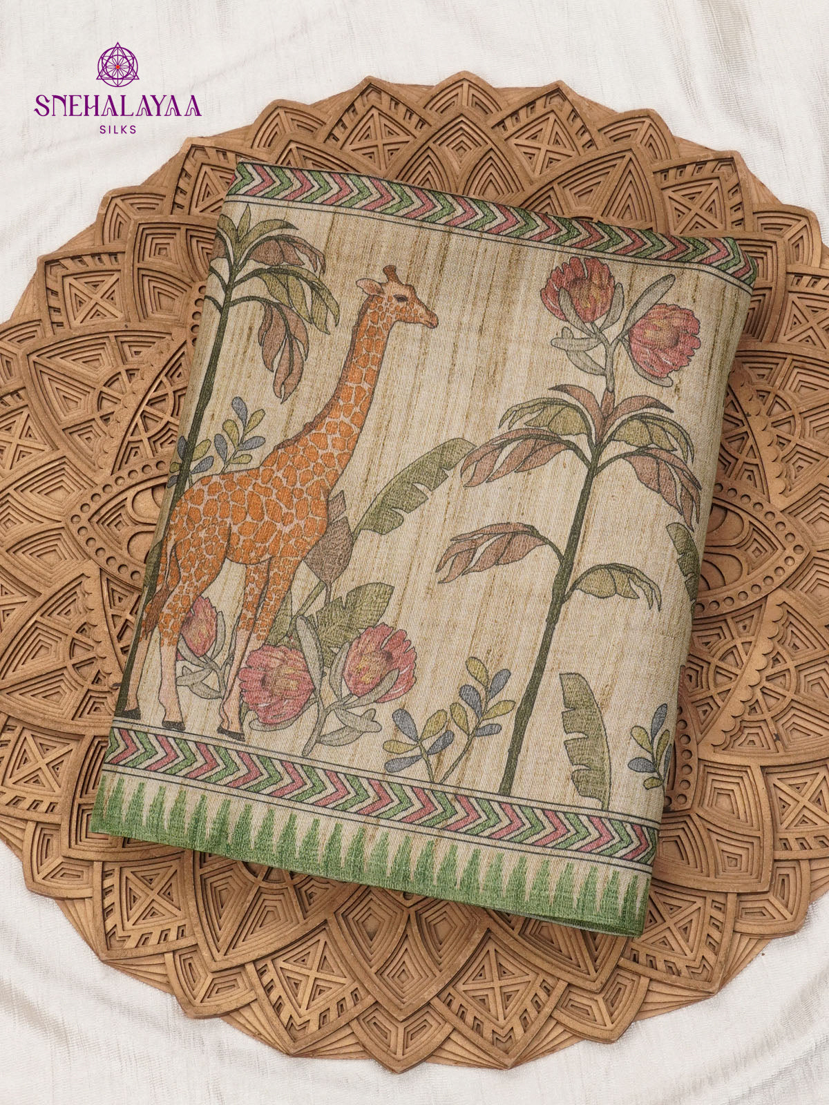 Green Floral Printed Tussar Saree